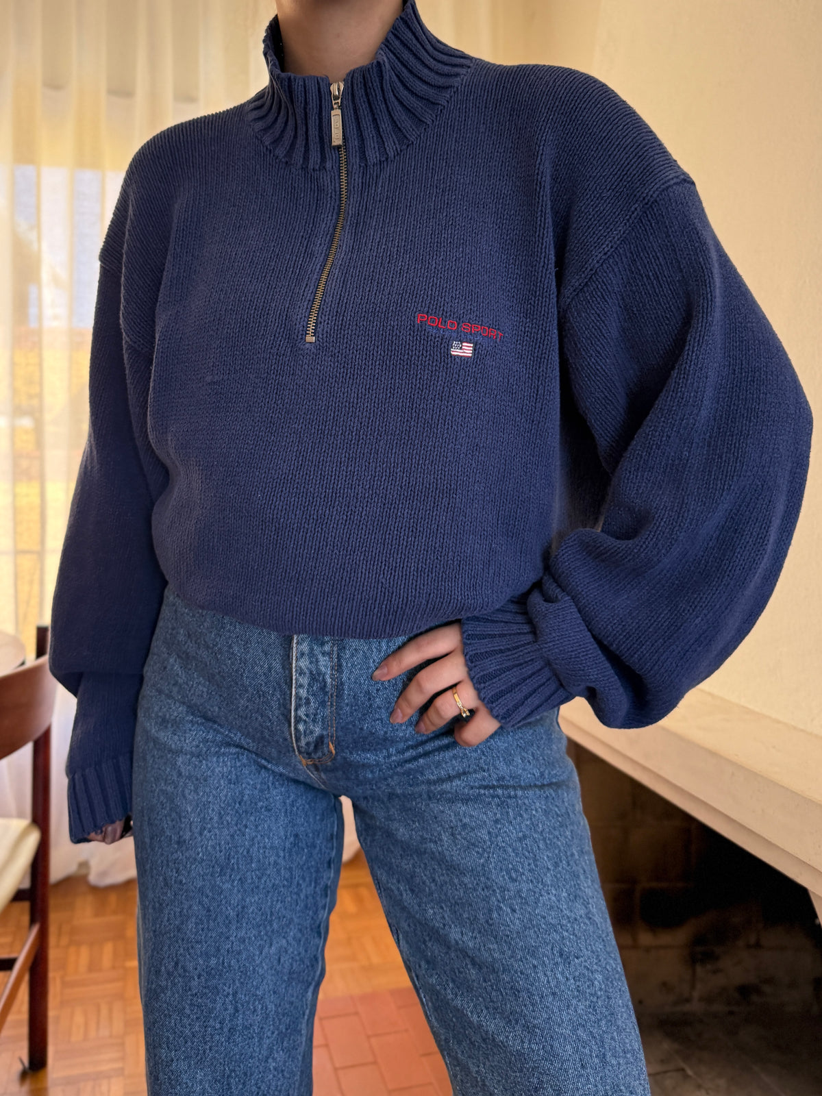 Camisola Polo Ralph Lauren Half Zip Azul Marinho | Bandeira USA Vintage 90s
