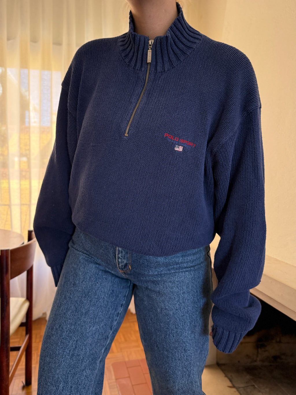 Camisola Polo Ralph Lauren Half Zip Azul Marinho | Bandeira USA Vintage 90s