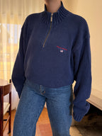 Camisola Polo Ralph Lauren Half Zip Azul Marinho | Bandeira USA Vintage 90s