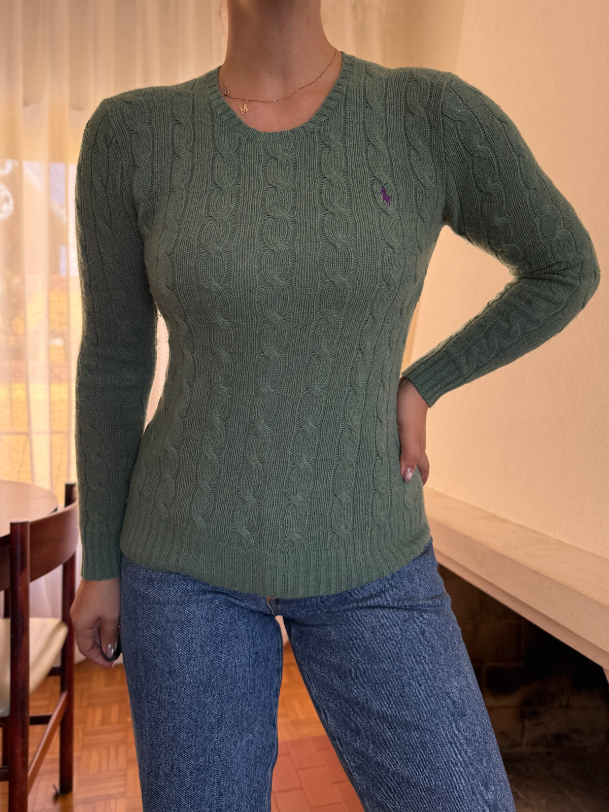 Camisola Ralph Lauren Verde Salva Tranças Logo Roxo | Cable Knit Preppy