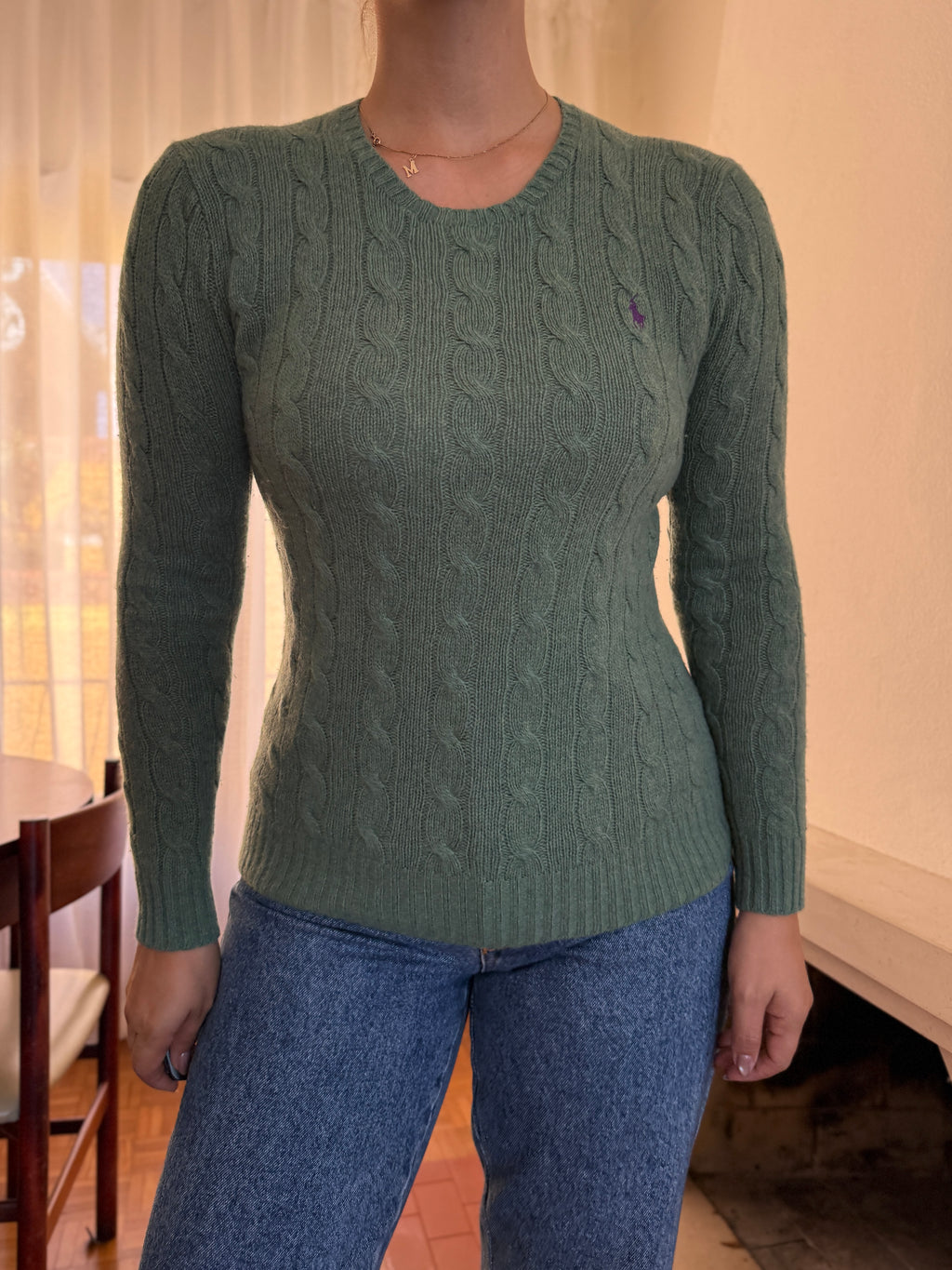 Camisola Ralph Lauren Verde Salva Tranças Logo Roxo | Cable Knit Preppy