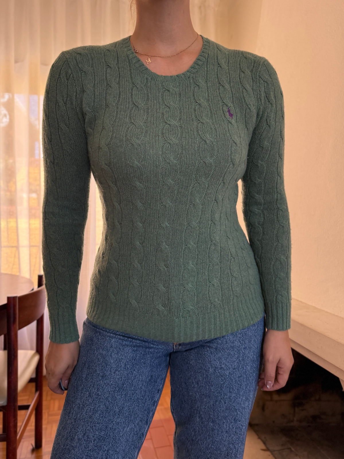 Camisola Ralph Lauren Verde Salva Tranças Logo Roxo | Cable Knit Preppy