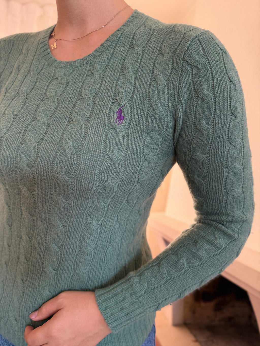 Camisola Ralph Lauren Verde Salva Tranças Logo Roxo | Cable Knit Preppy