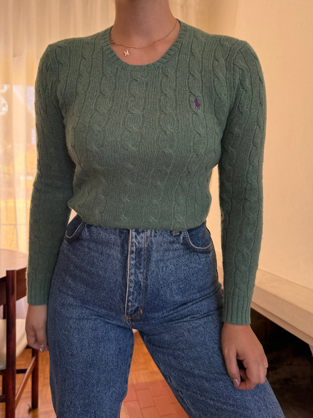 Camisola Ralph Lauren Verde Salva Tranças Logo Roxo | Cable Knit Preppy
