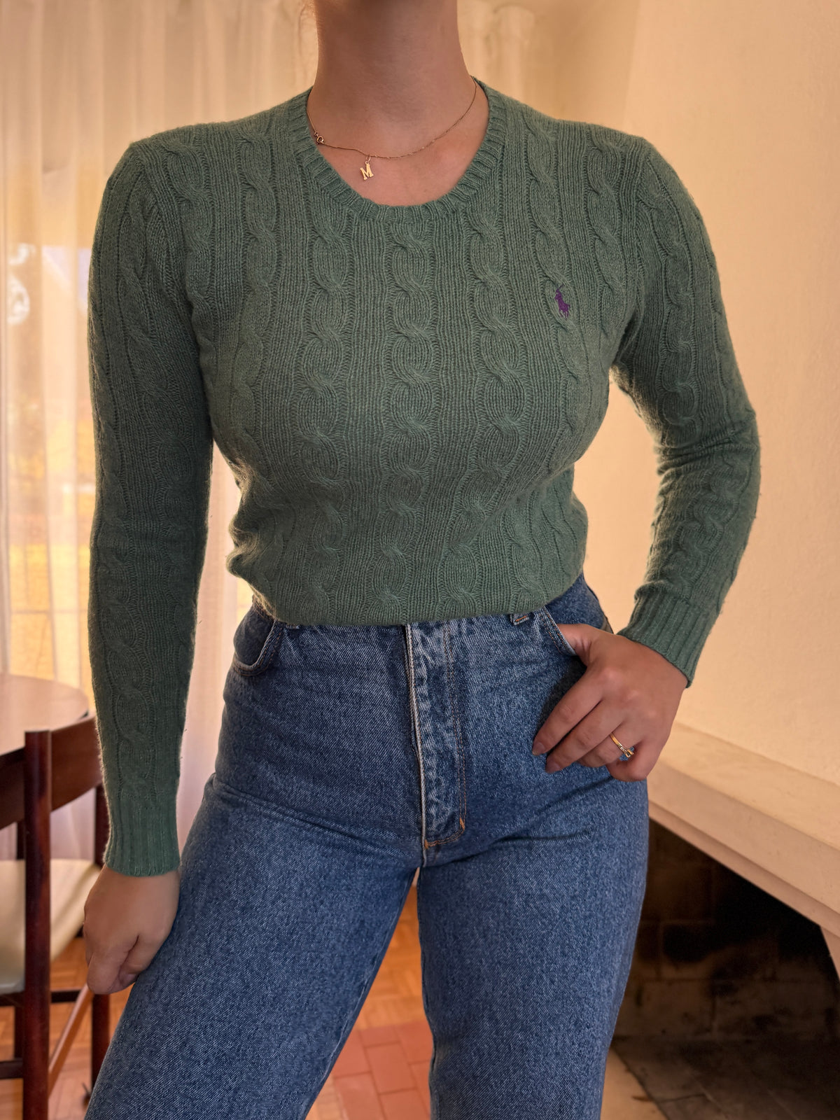 Camisola Ralph Lauren Verde Salva Tranças Logo Roxo | Cable Knit Preppy