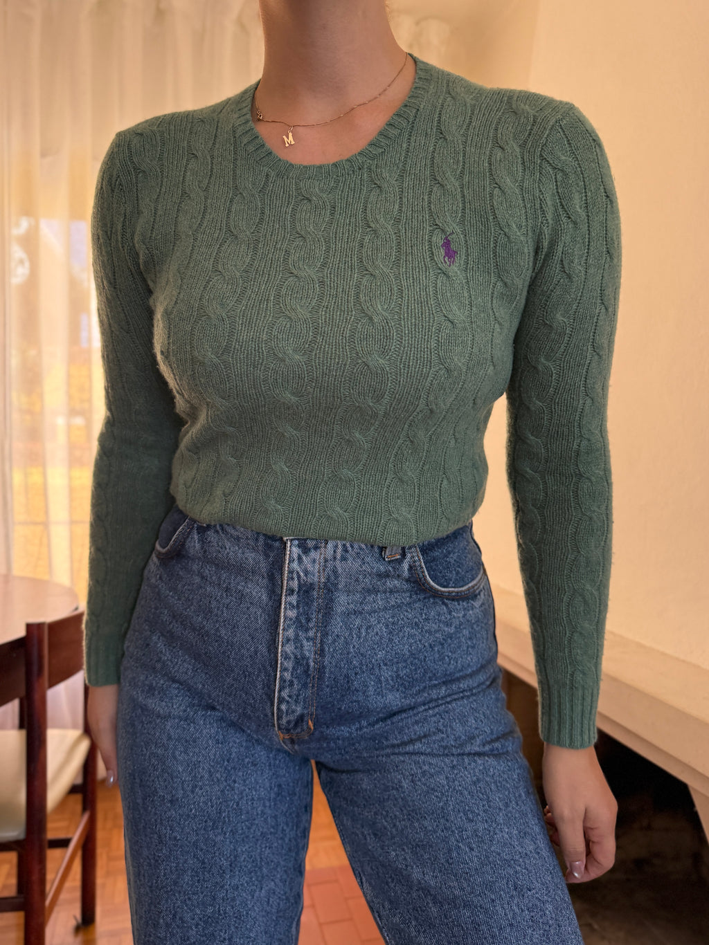 Camisola Ralph Lauren Verde Salva Tranças Logo Roxo | Cable Knit Preppy