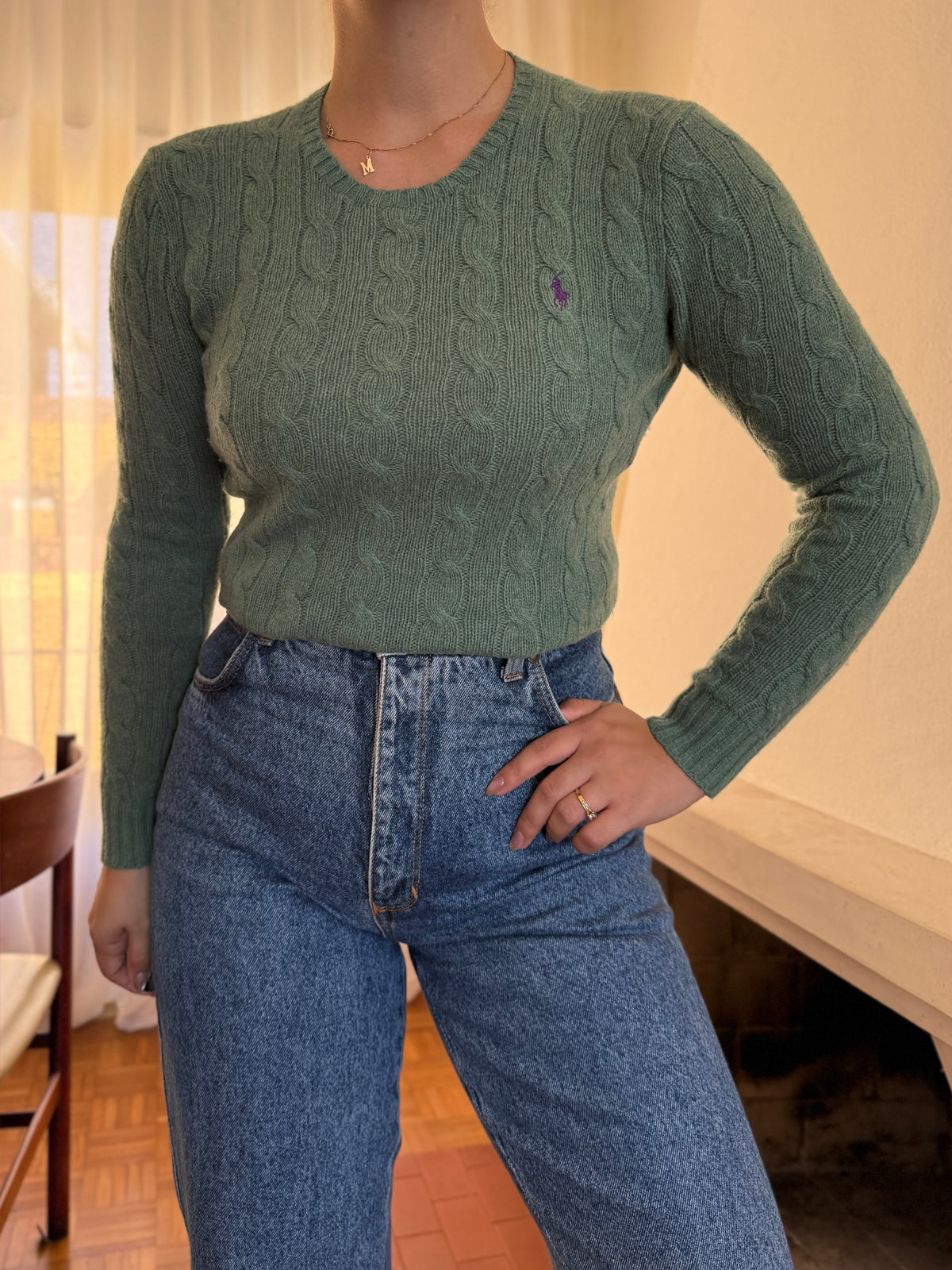 Camisola Ralph Lauren Verde Salva Tranças Logo Roxo | Cable Knit Preppy