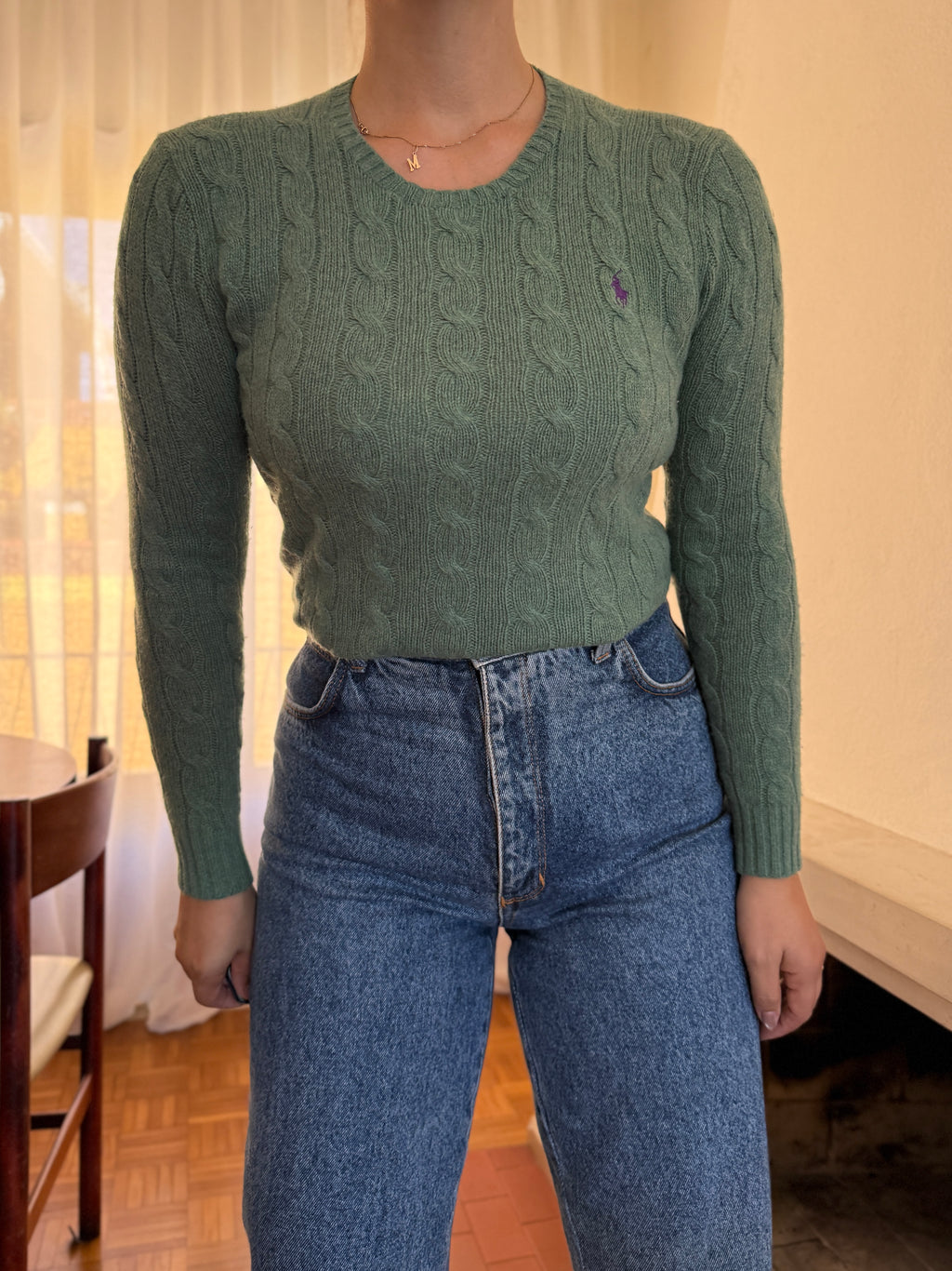 Camisola Ralph Lauren Verde Salva Tranças Logo Roxo | Cable Knit Preppy