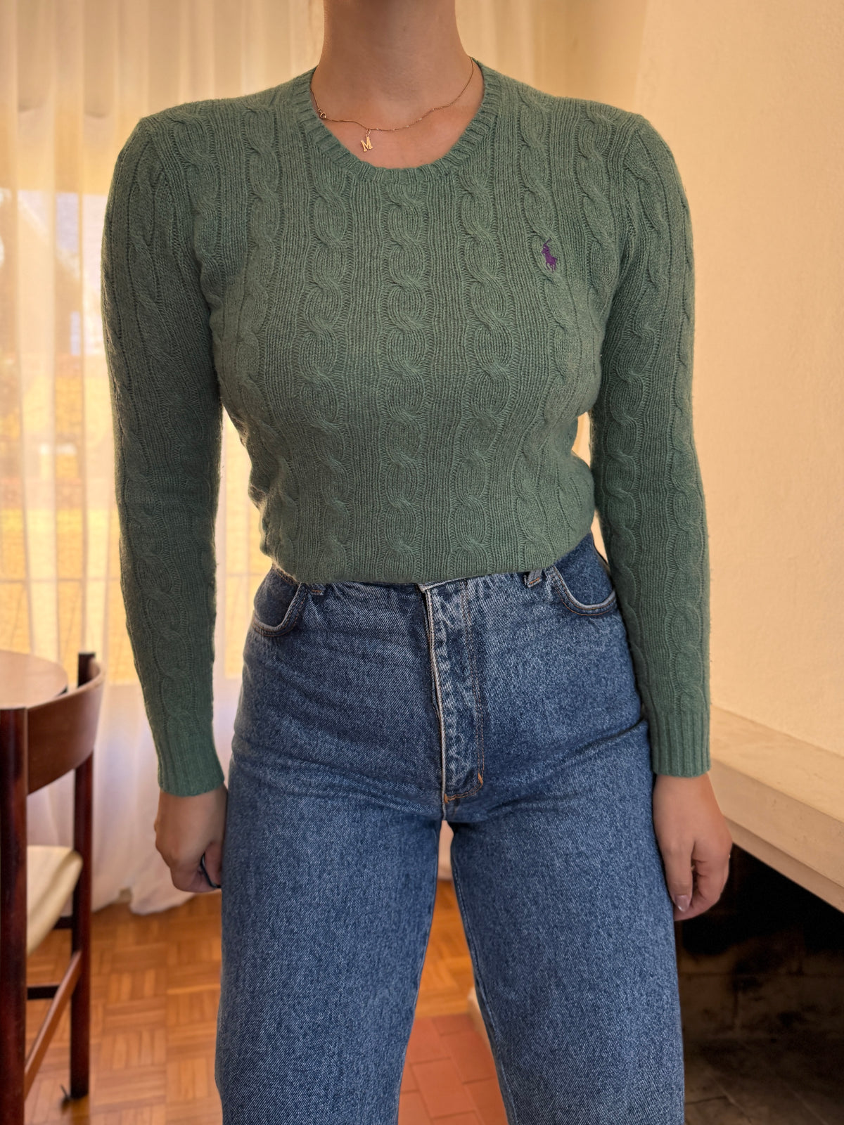Camisola Ralph Lauren Verde Salva Tranças Logo Roxo | Cable Knit Preppy
