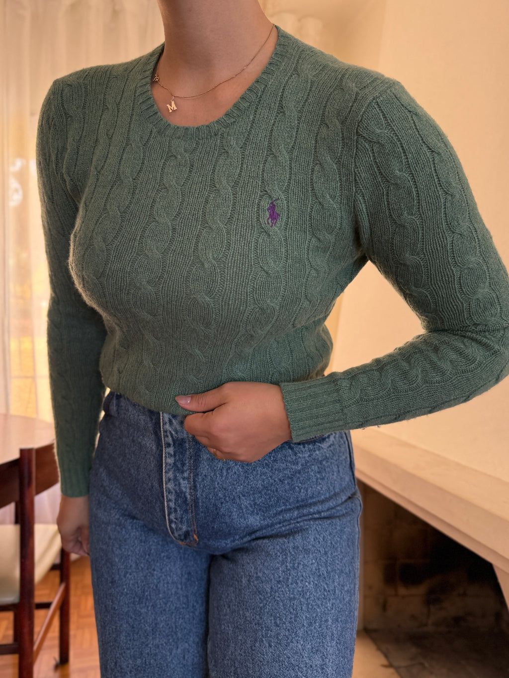 Camisola Ralph Lauren Verde Salva Tranças Logo Roxo | Cable Knit Preppy