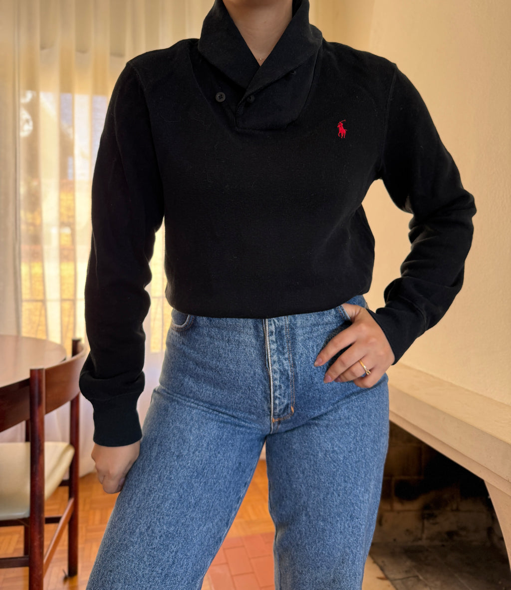 Camisola Ralph Lauren Preta Gola Xaile | Logo Vermelho Preppy Classic