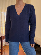 Camisola Ralph Lauren 100% Lã Azul Marinho | Tranças Decote V Preppy