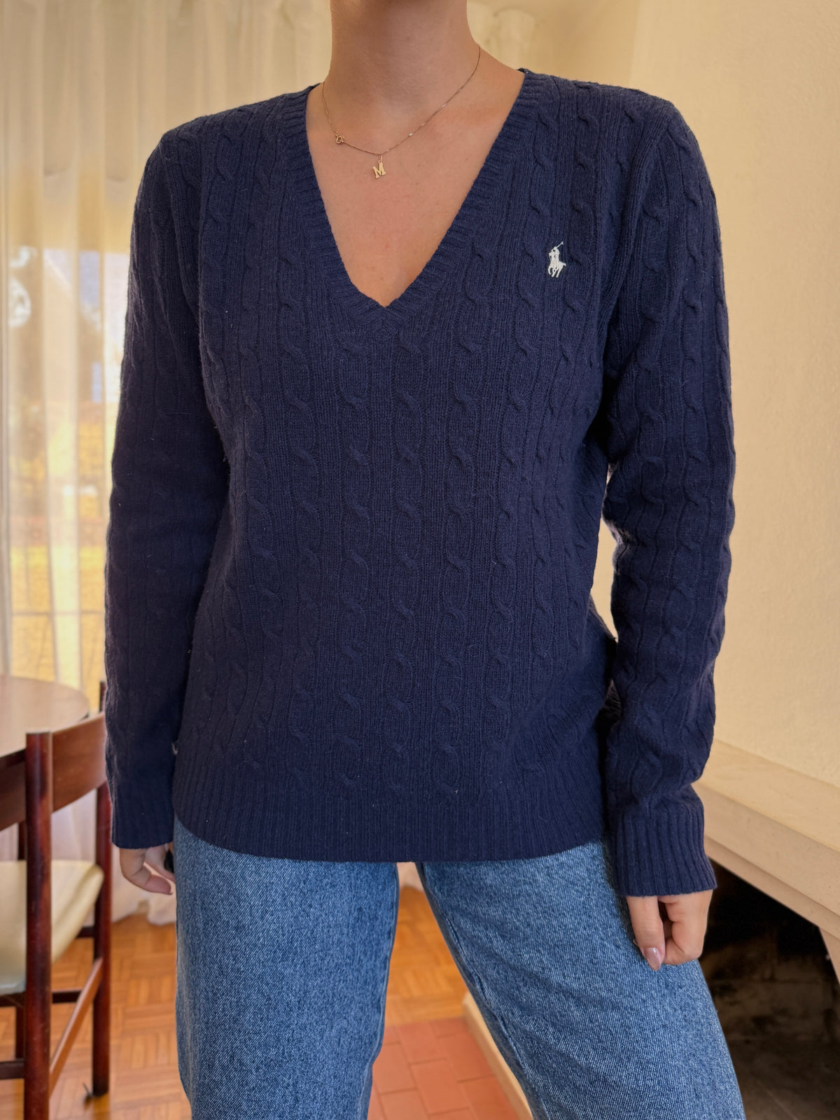 Camisola Ralph Lauren 100% Lã Azul Marinho | Tranças Decote V Preppy