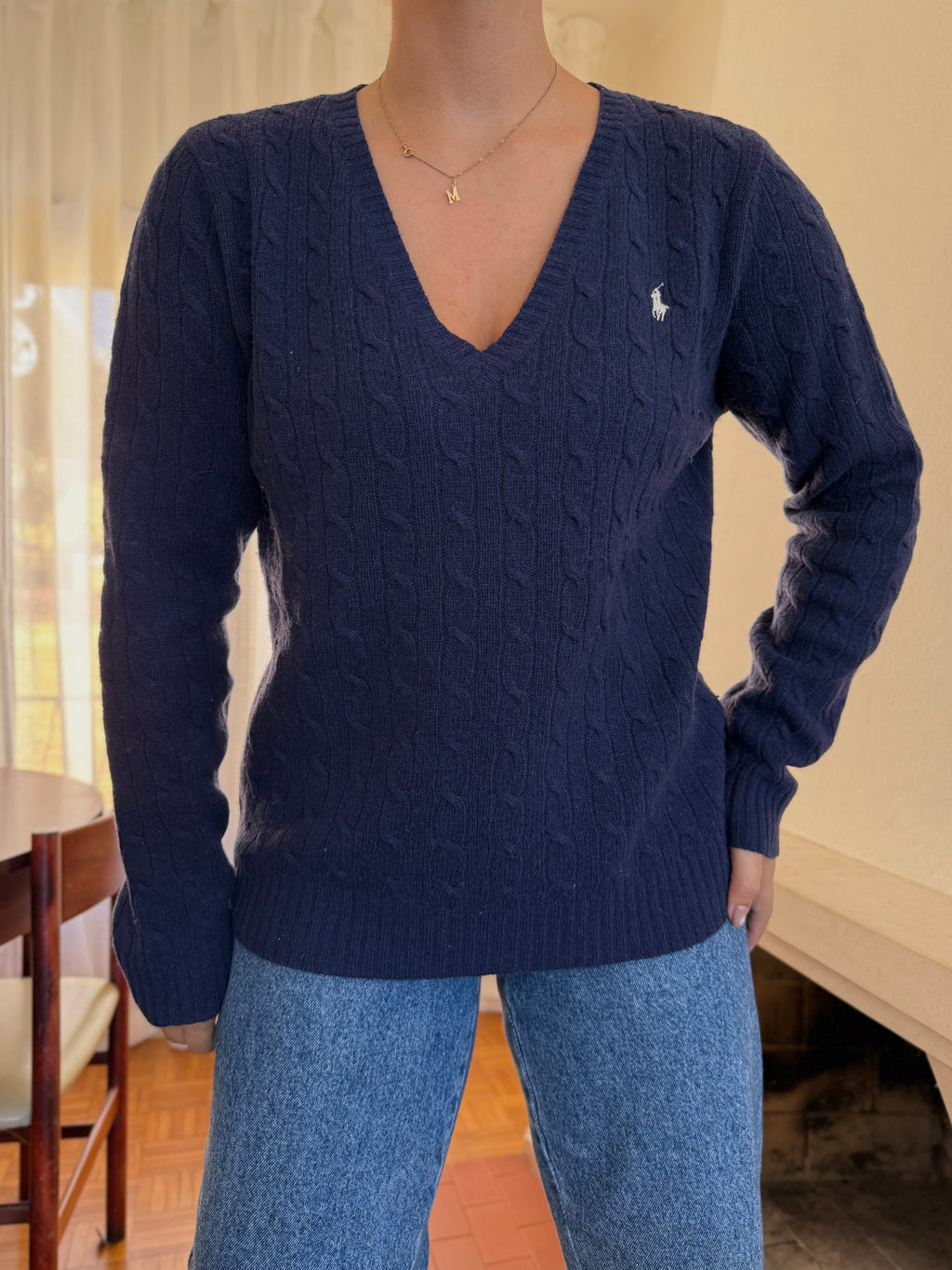 Camisola Ralph Lauren 100% Lã Azul Marinho | Tranças Decote V Preppy