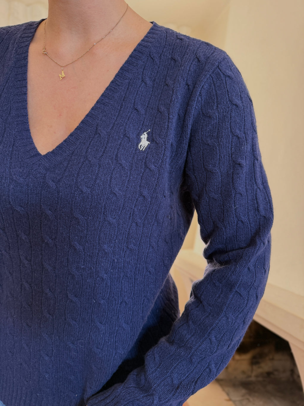 Camisola Ralph Lauren 100% Lã Azul Marinho | Tranças Decote V Preppy