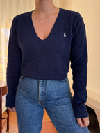Camisola Ralph Lauren 100% Lã Azul Marinho | Tranças Decote V Preppy