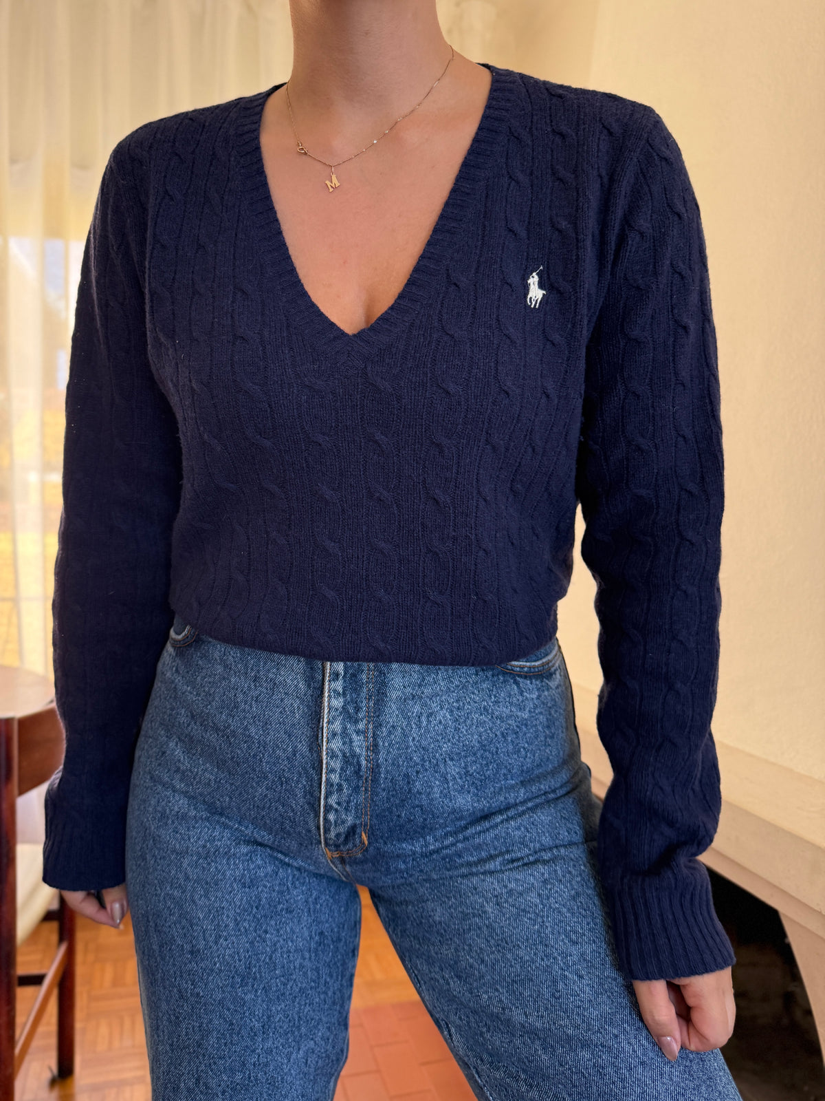 Camisola Ralph Lauren 100% Lã Azul Marinho | Tranças Decote V Preppy