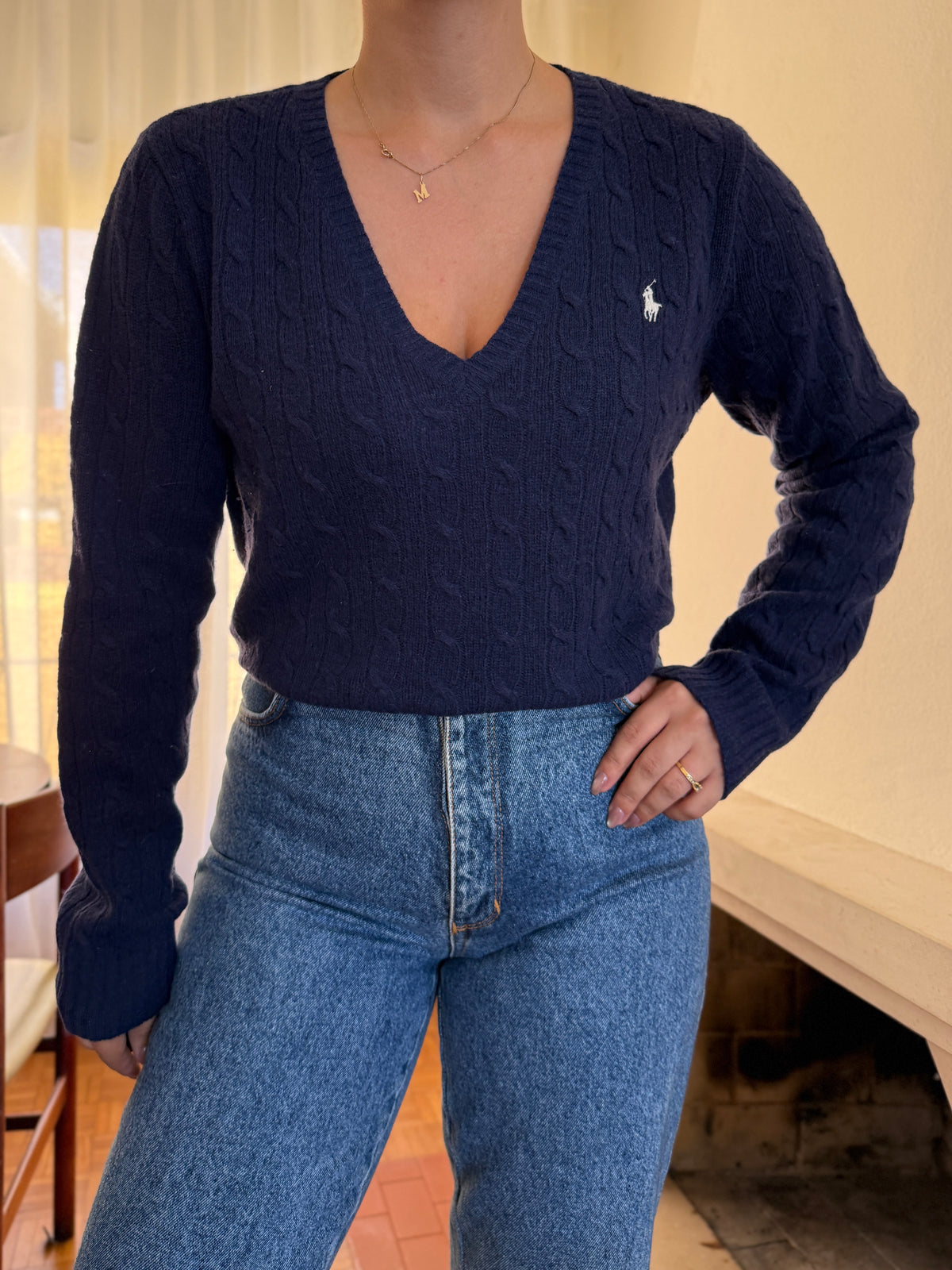 Camisola Ralph Lauren 100% Lã Azul Marinho | Tranças Decote V Preppy
