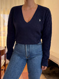 Camisola Ralph Lauren 100% Lã Azul Marinho | Tranças Decote V Preppy