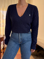 Camisola Ralph Lauren 100% Lã Azul Marinho | Tranças Decote V Preppy