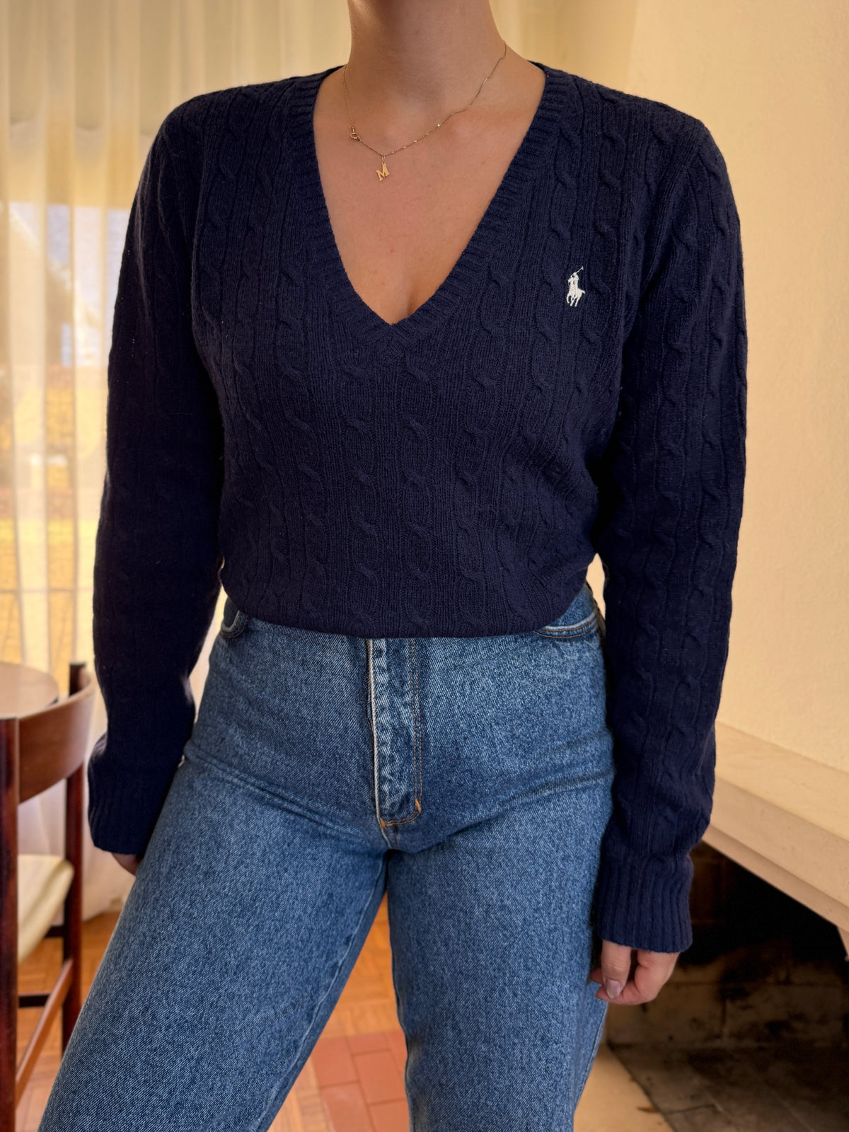 Camisola Ralph Lauren 100% Lã Azul Marinho | Tranças Decote V Preppy