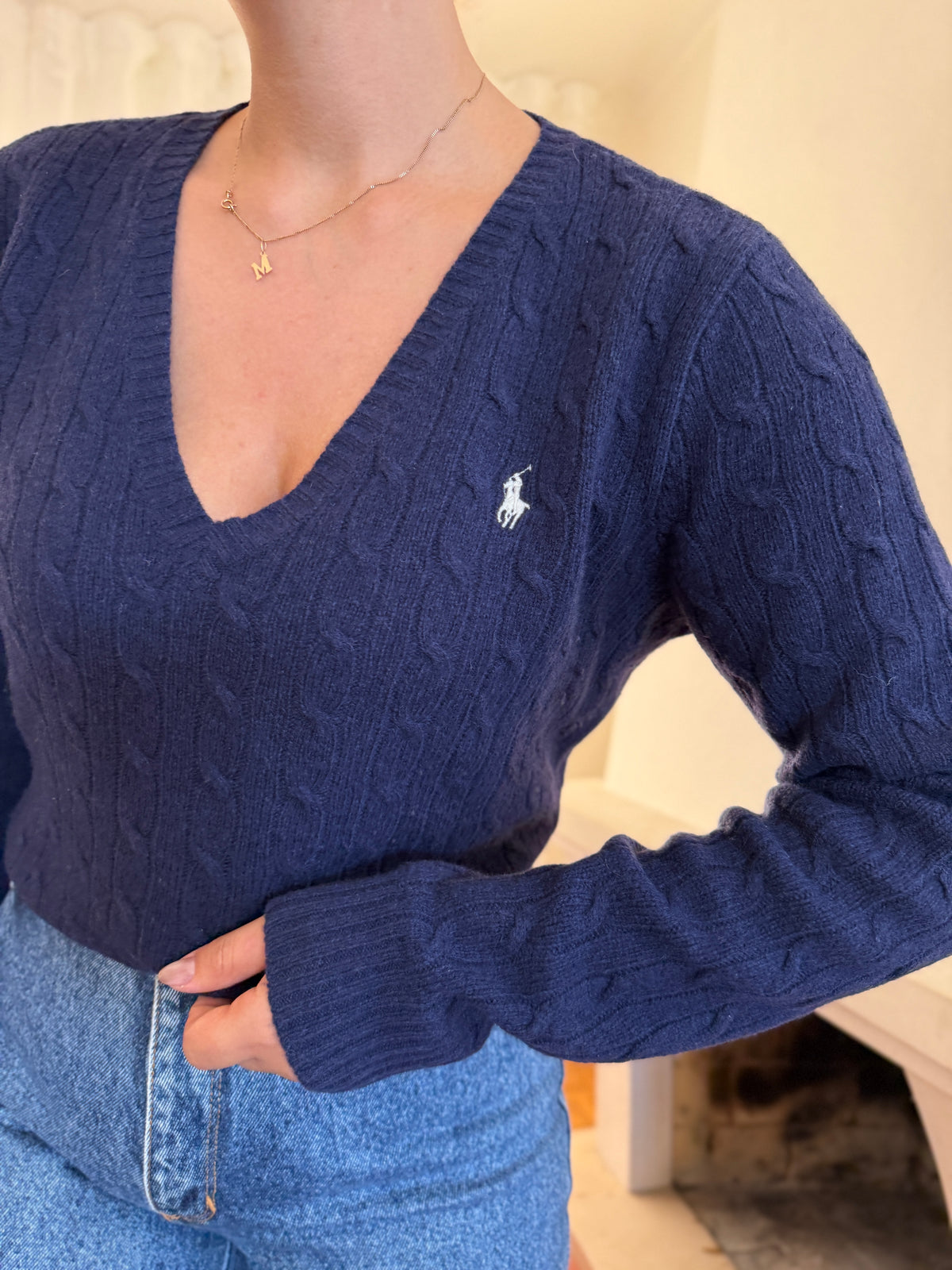 Camisola Ralph Lauren 100% Lã Azul Marinho | Tranças Decote V Preppy