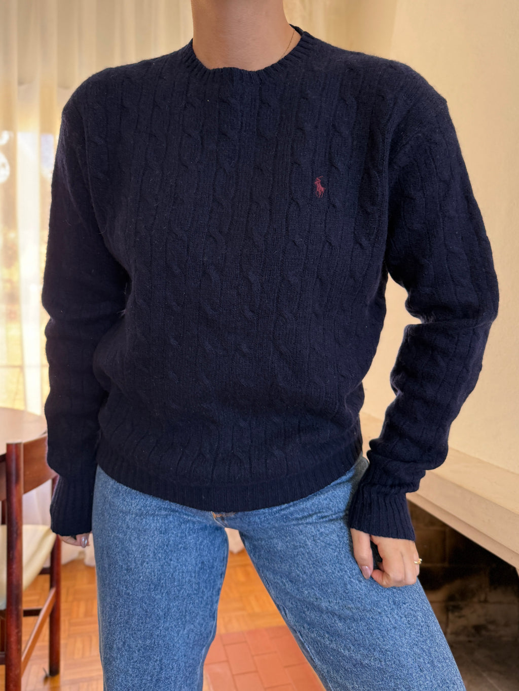 Camisola Ralph Lauren Azul Marinho Tranças Logo Bordô | Cable Knit Preppy