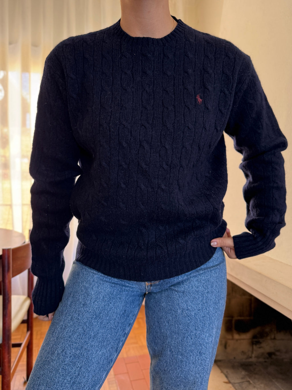 Camisola Ralph Lauren Azul Marinho Tranças Logo Bordô | Cable Knit Preppy