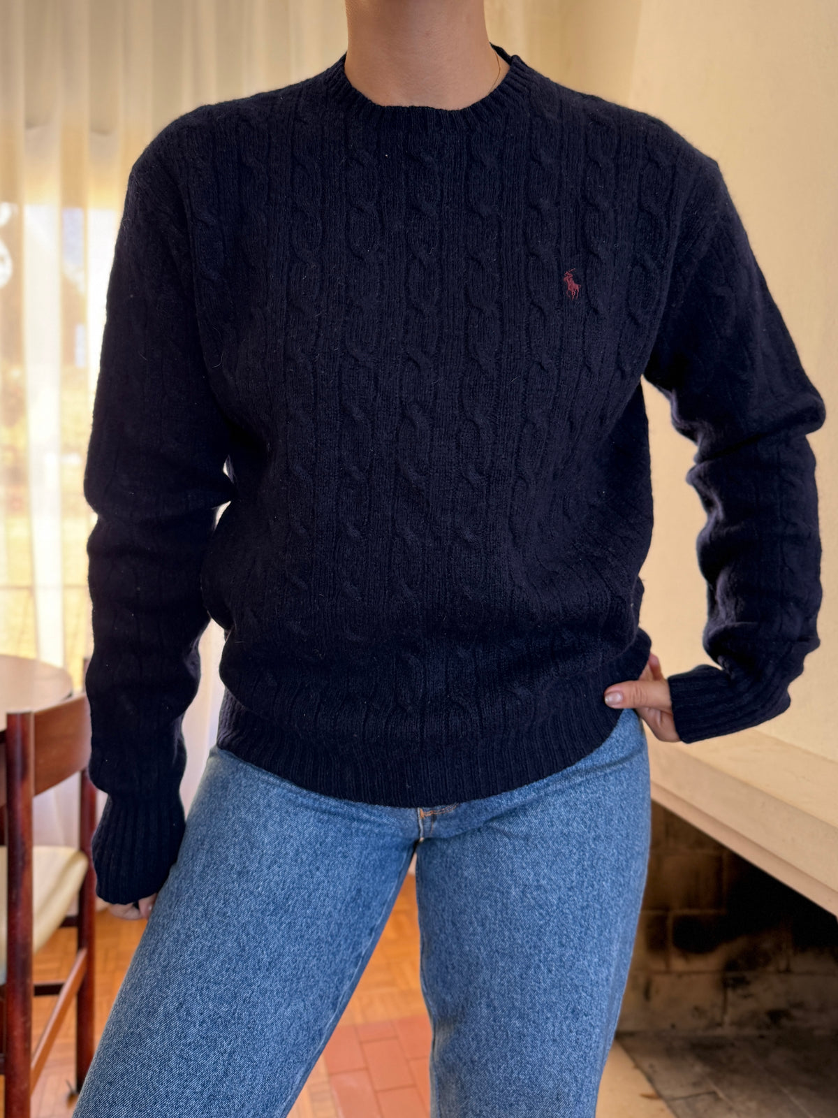 Camisola Ralph Lauren Azul Marinho Tranças Logo Bordô | Cable Knit Preppy