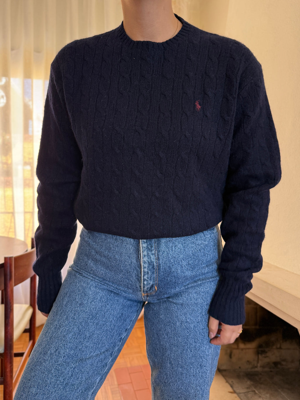Camisola Ralph Lauren Azul Marinho Tranças Logo Bordô | Cable Knit Preppy