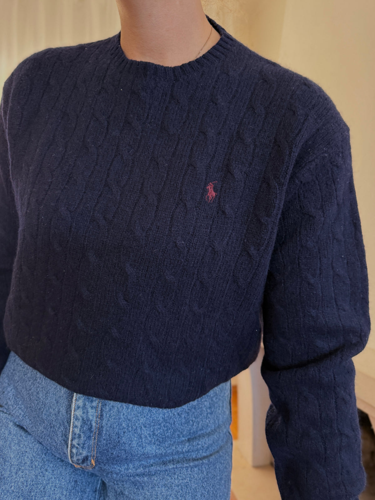 Camisola Ralph Lauren Azul Marinho Tranças Logo Bordô | Cable Knit Preppy