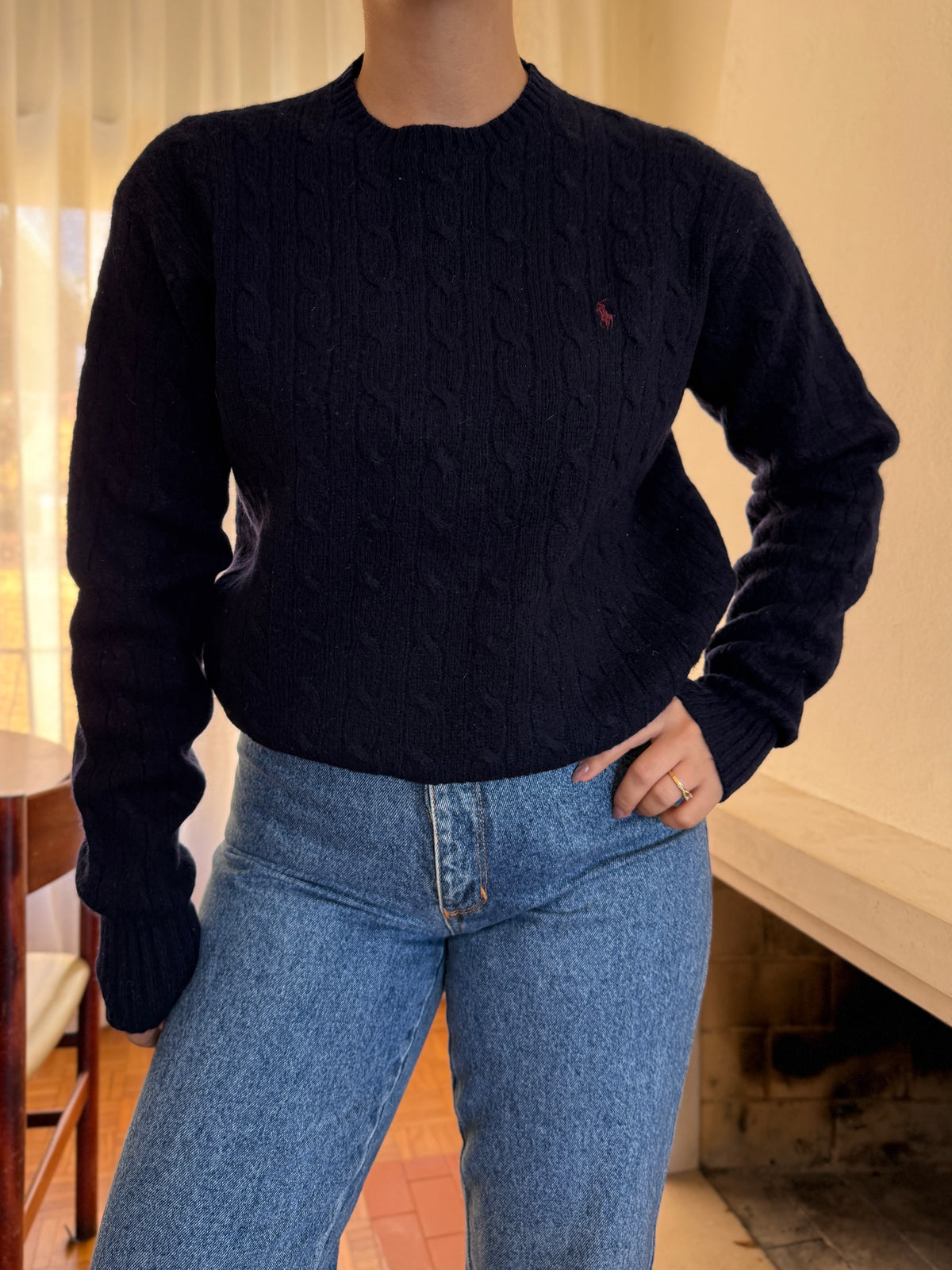 Camisola Ralph Lauren Azul Marinho Tranças Logo Bordô | Cable Knit Preppy