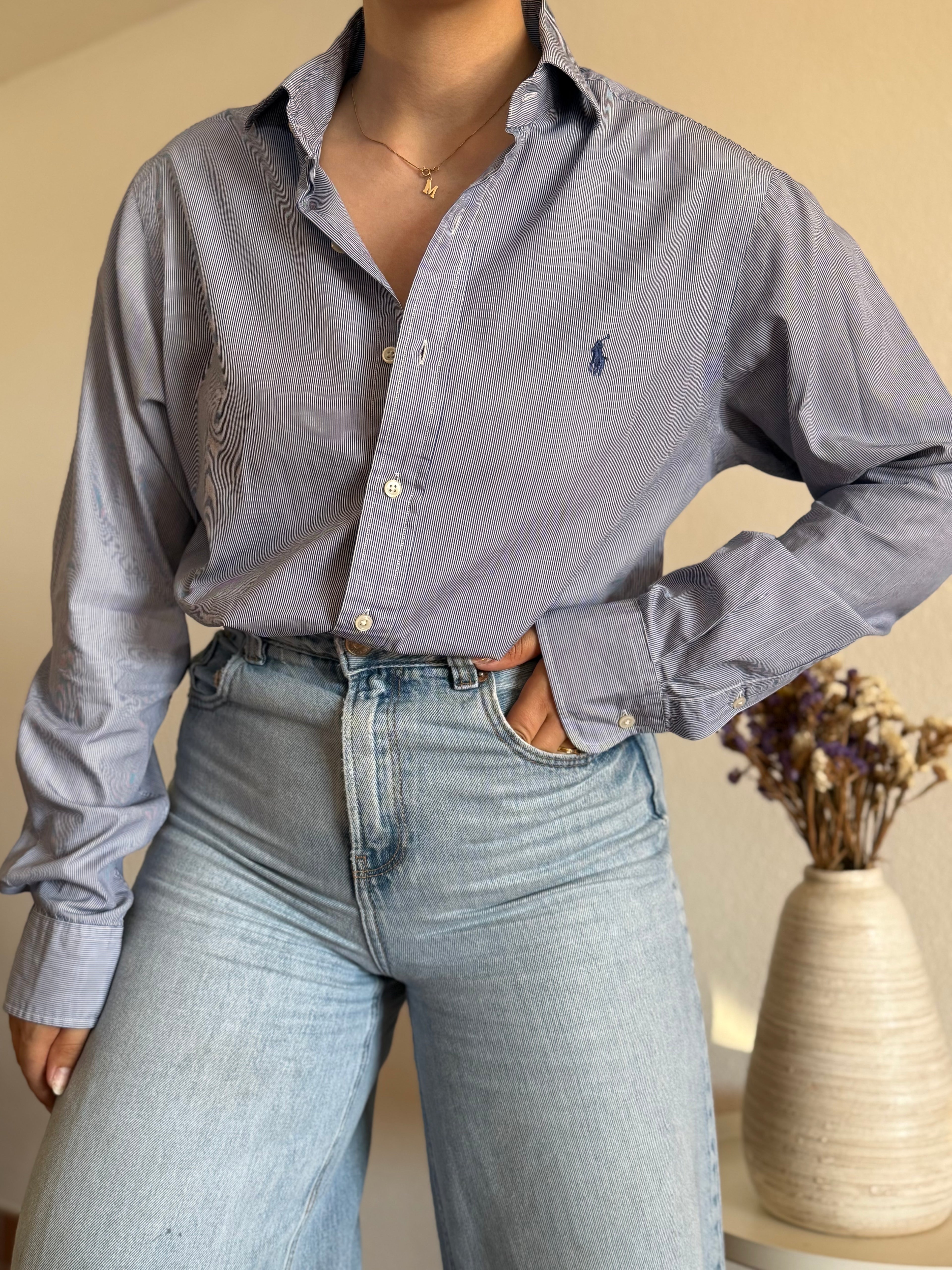 Camisa Polo Ralph Lauren Blue Micro-Pinstripe – Slim Fit (Vintage)