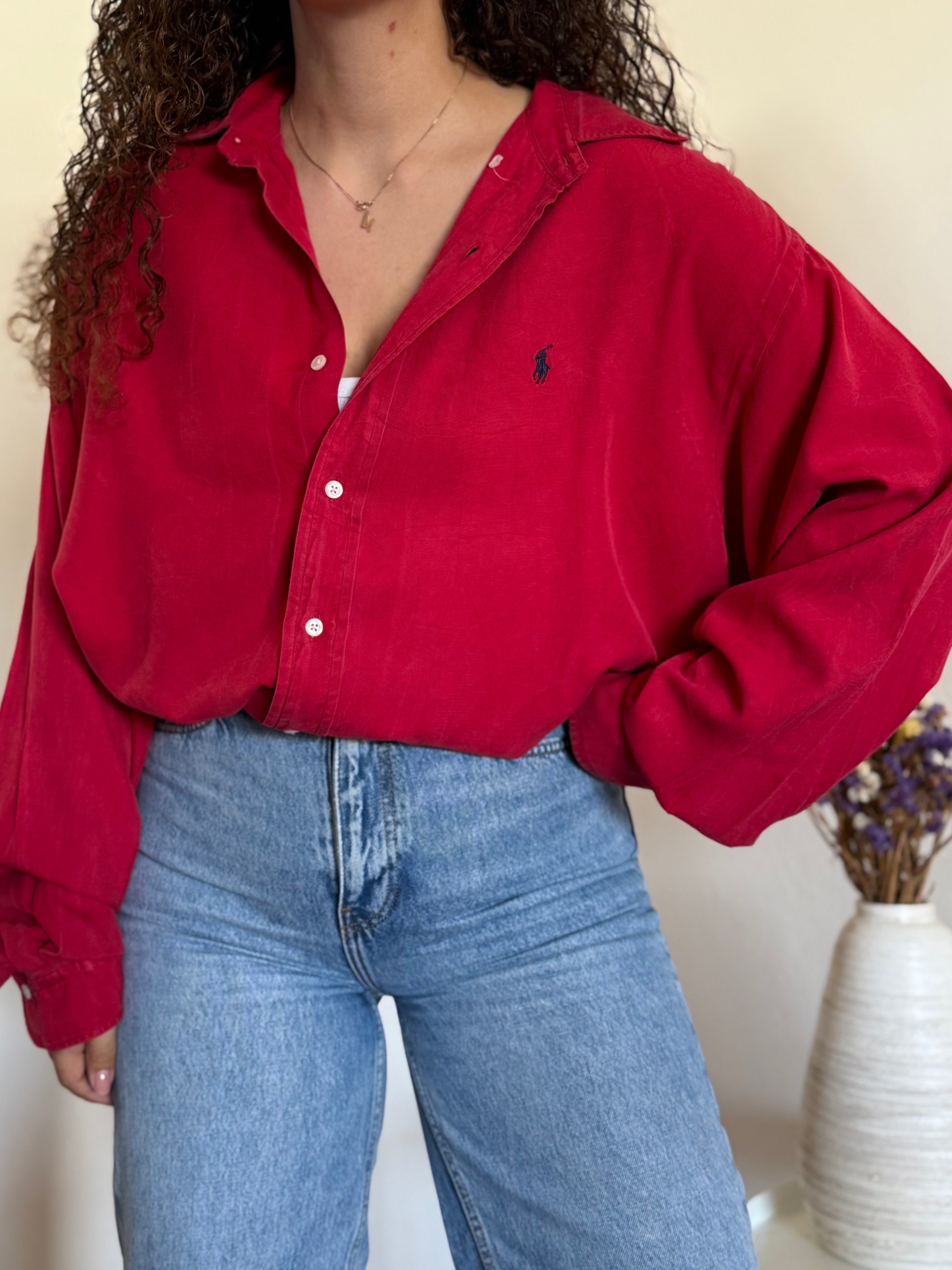 Camisa Ralph Lauren Vermelha em Seda – Tam. XL (Excellent Vintage Condition)