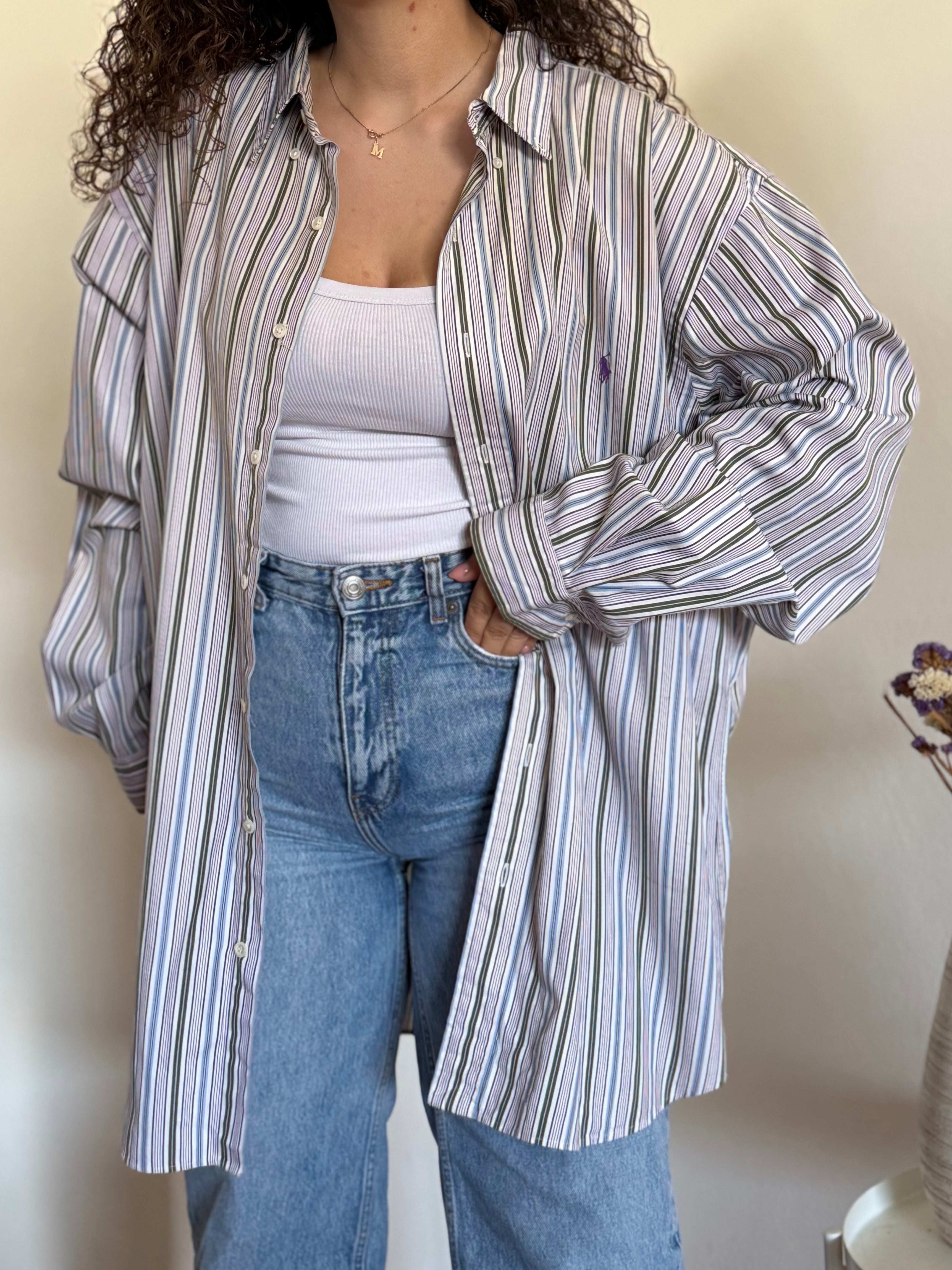 Camisa Ralph Lauren Vintage Listrada Azul e Branca – Tam. L