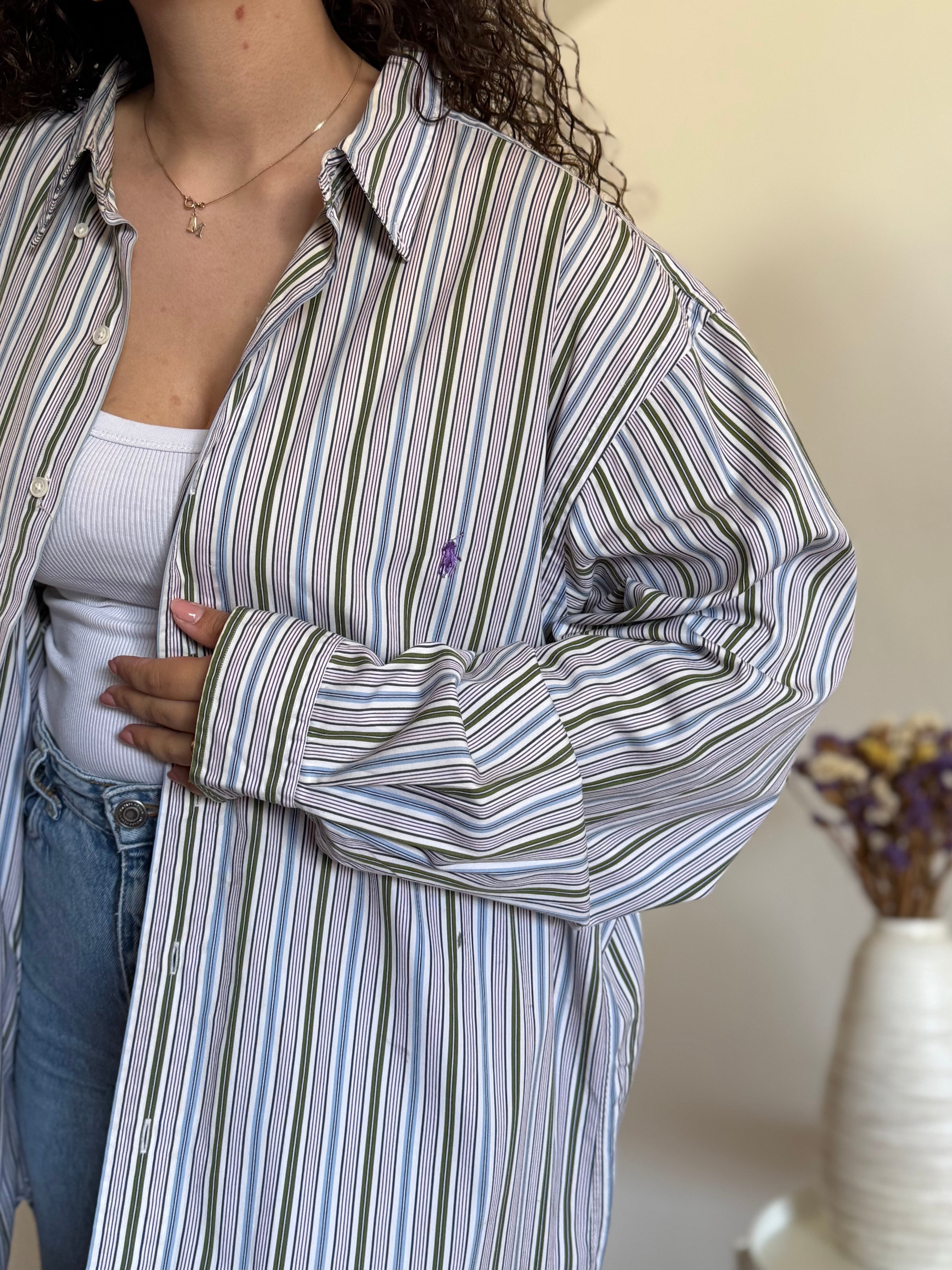 Camisa Ralph Lauren Vintage Listrada Azul e Branca – Tam. L
