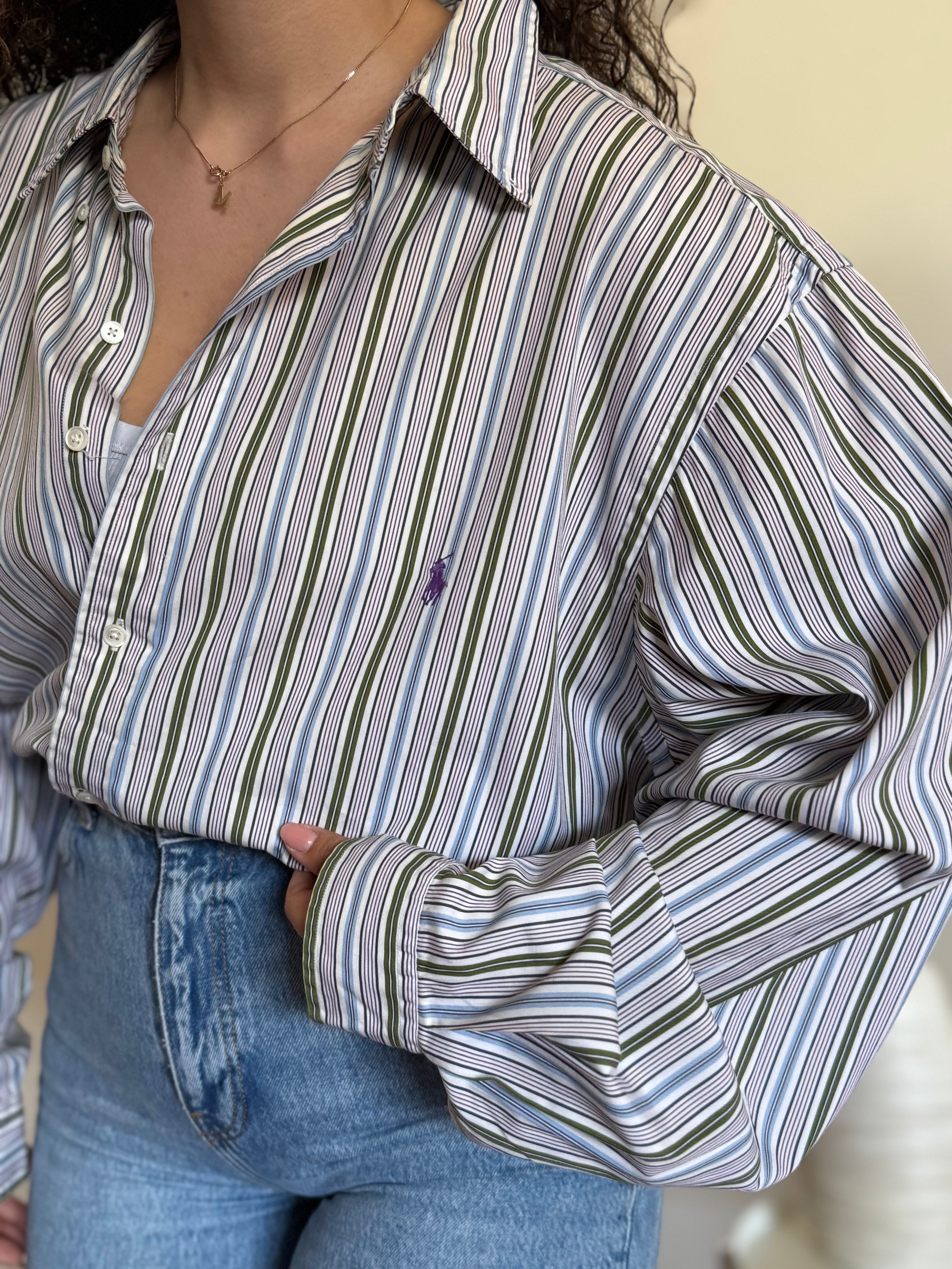 Camisa Ralph Lauren Vintage Listrada Azul e Branca – Tam. L