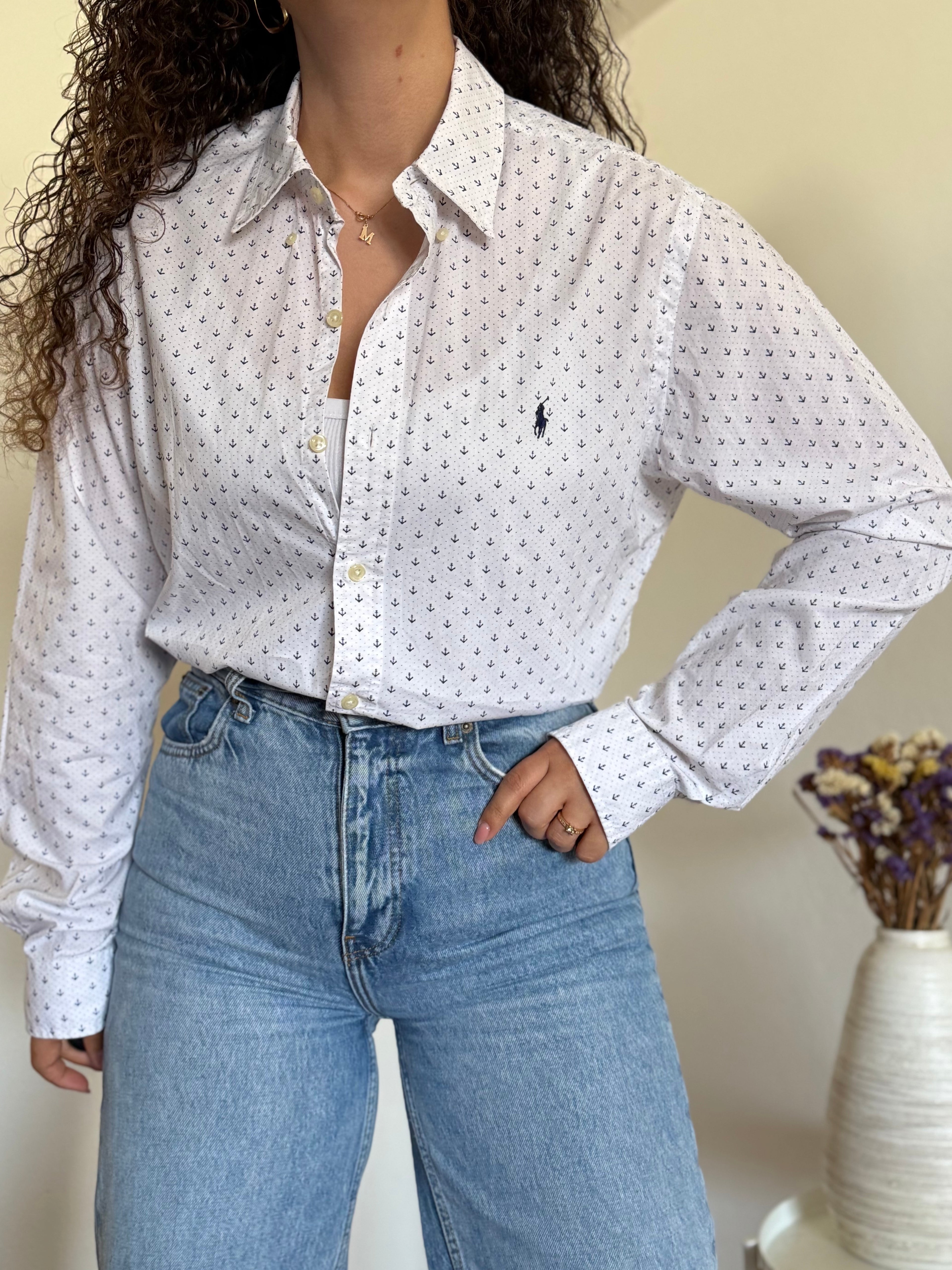 Camisa Ralph Lauren branca padrão âncoras | Slim Fit