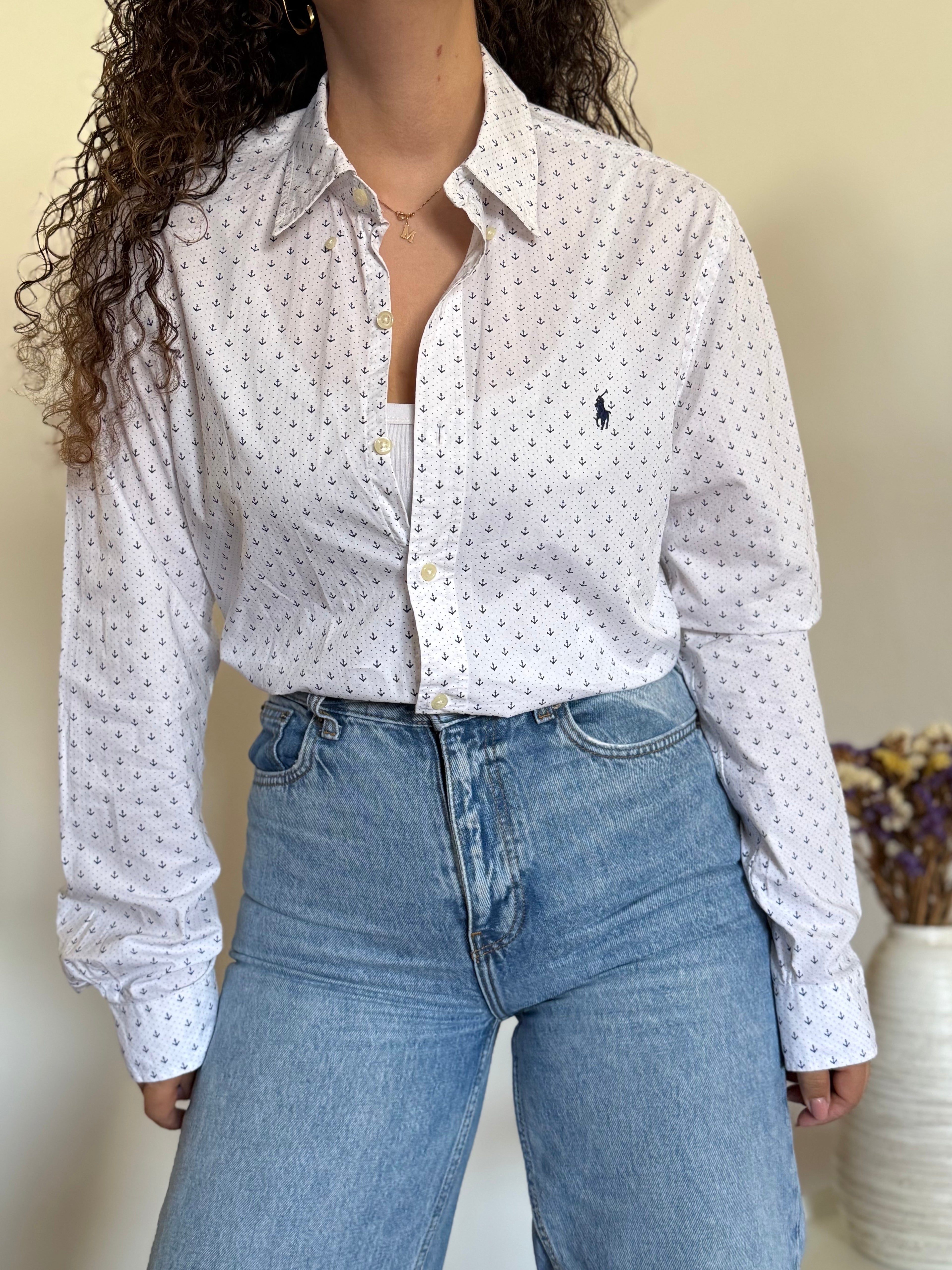 Camisa Ralph Lauren branca padrão âncoras | Slim Fit