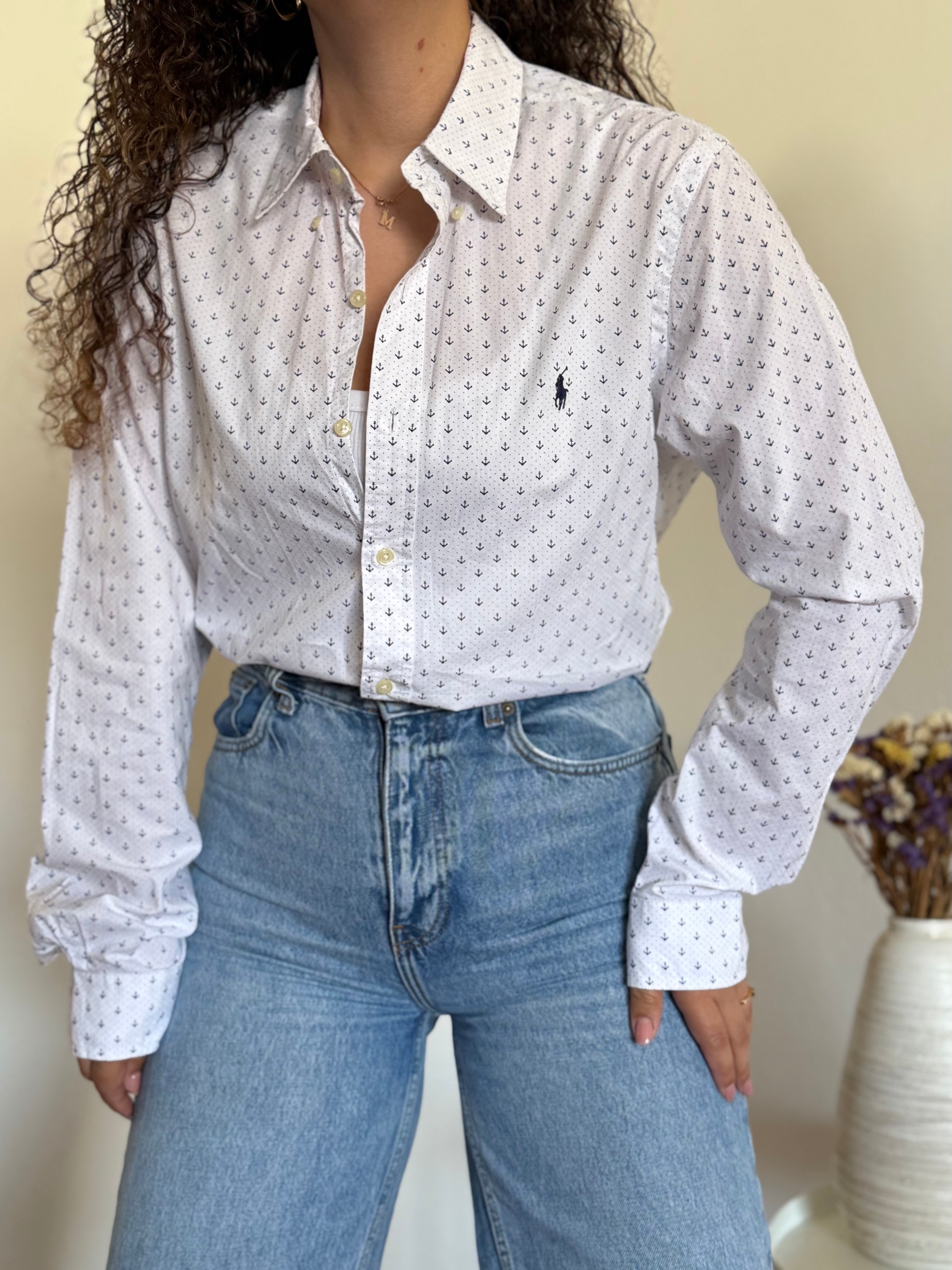 Camisa Ralph Lauren branca padrão âncoras | Slim Fit
