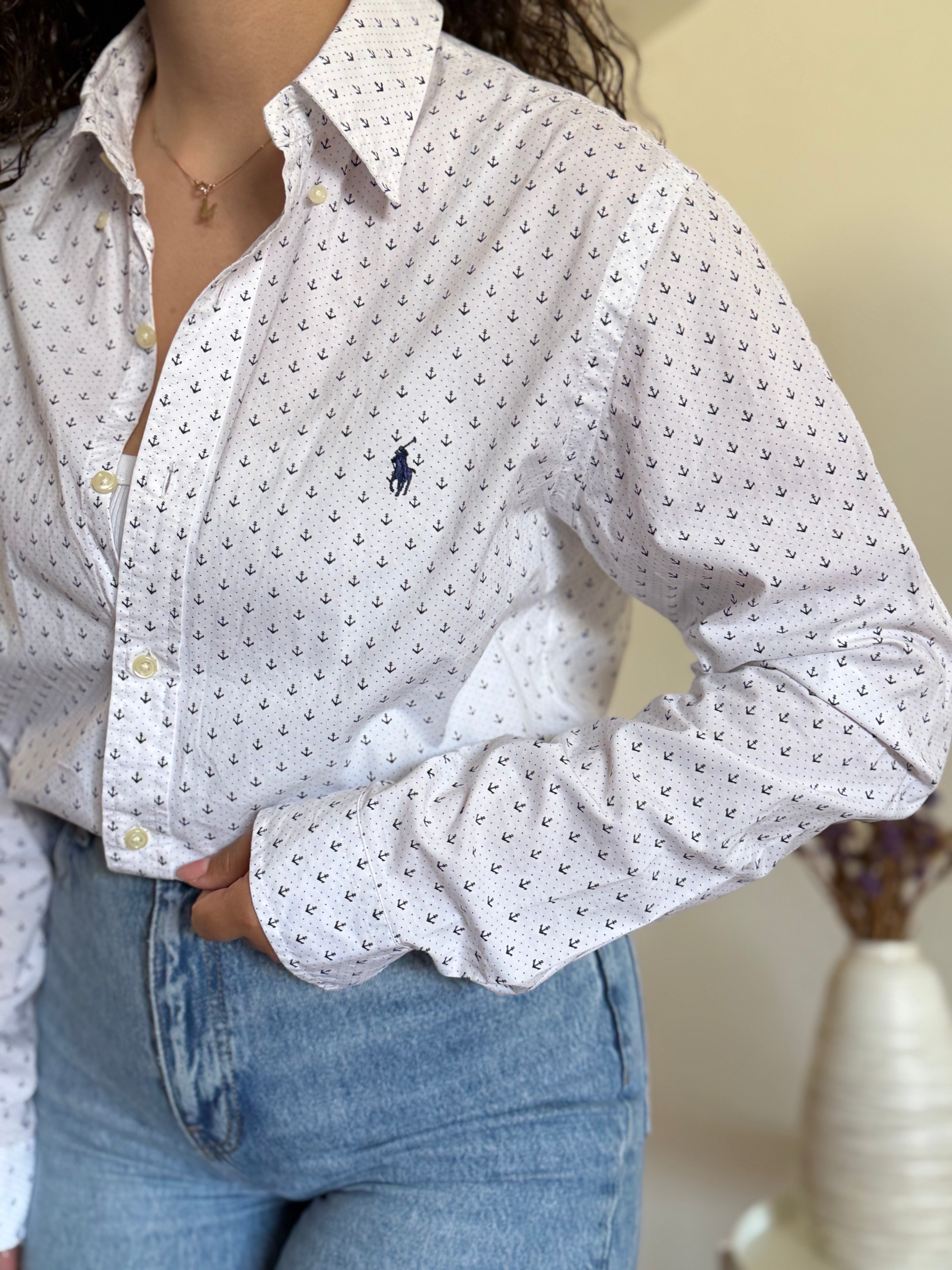 Camisa Ralph Lauren branca padrão âncoras | Slim Fit