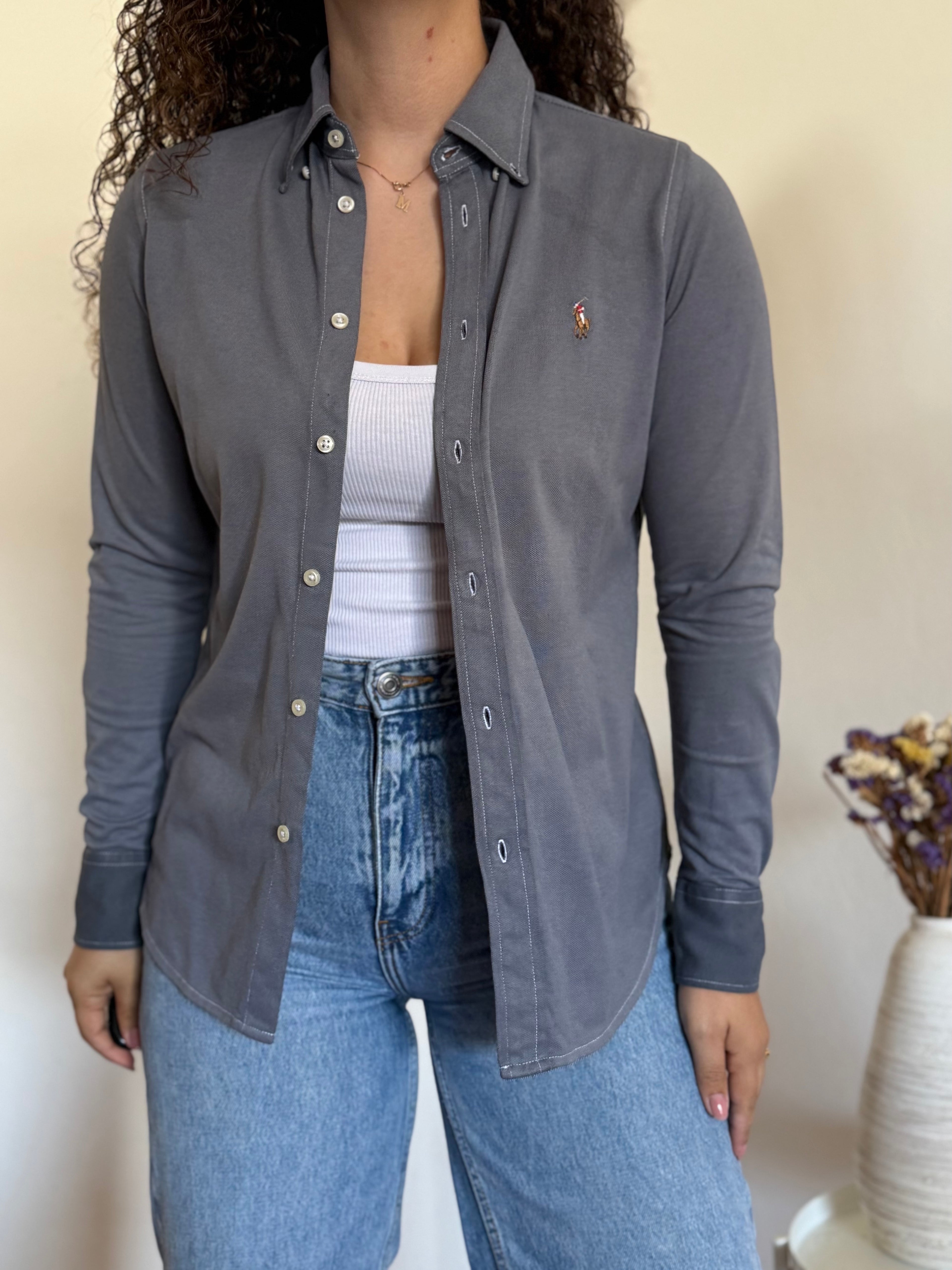 Camisa Ralph Lauren Slim Fit em Malha Piqué – Cinza Mesclado