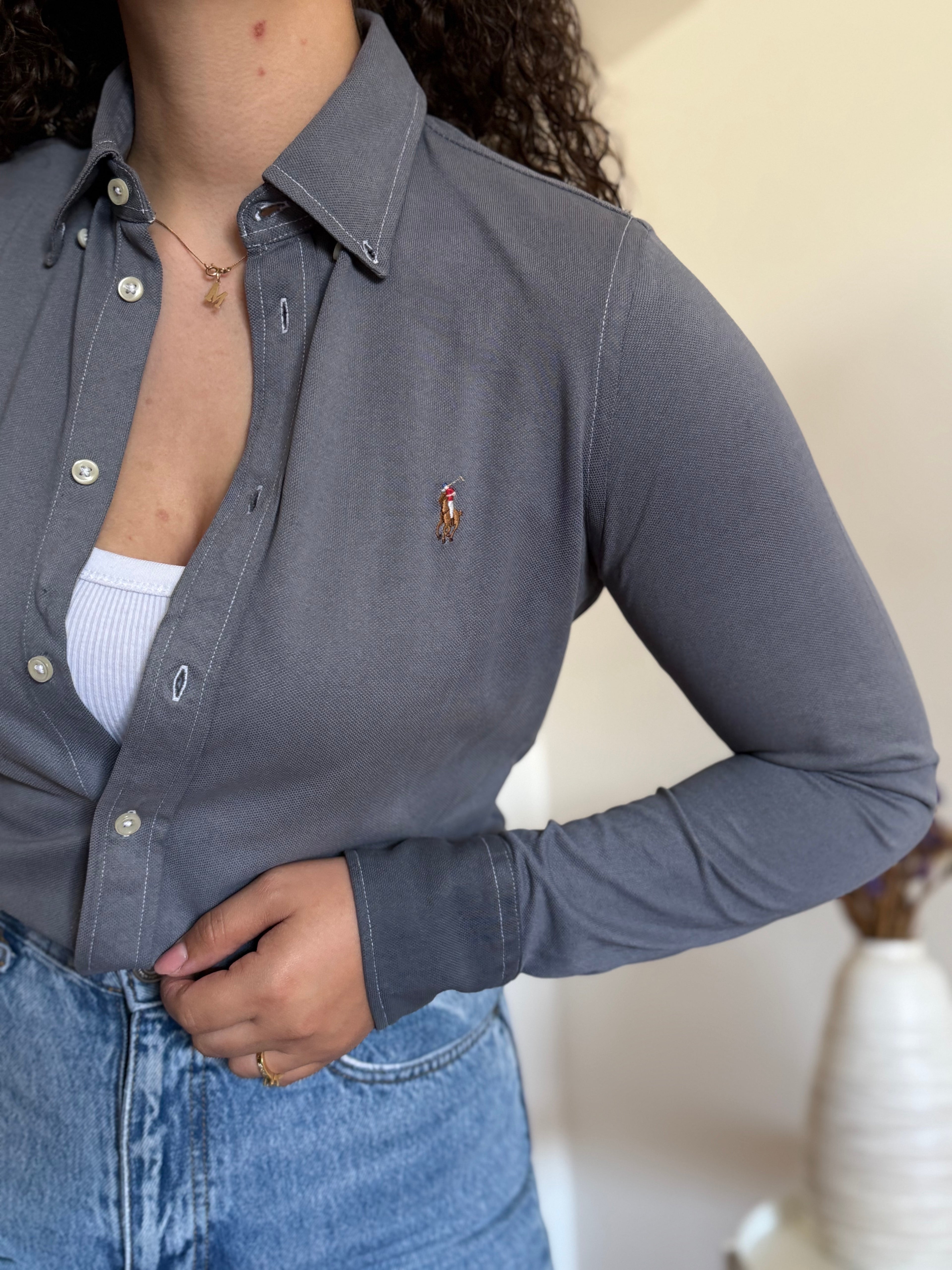 Camisa Ralph Lauren Slim Fit em Malha Piqué – Cinza Mesclado