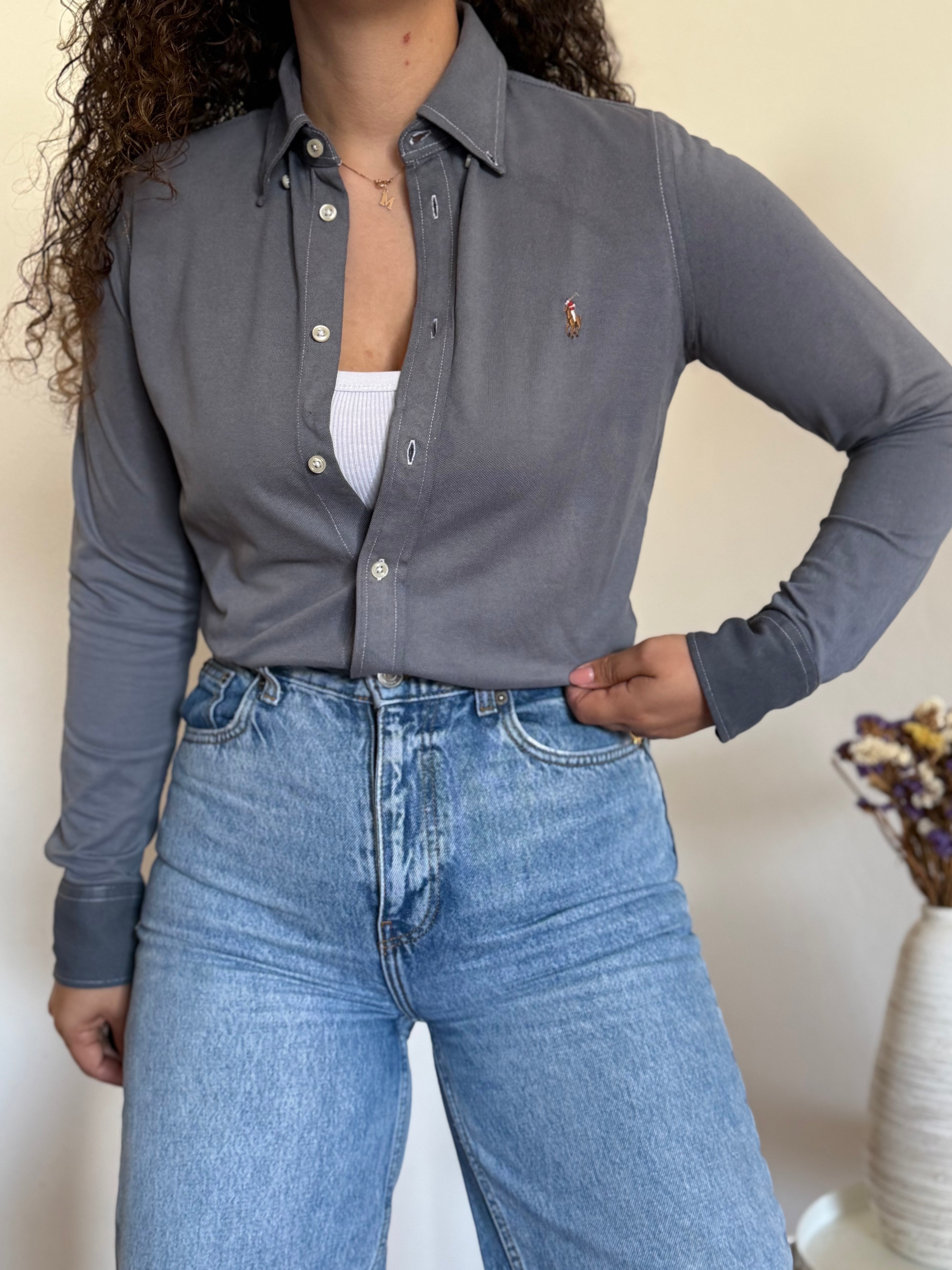 Camisa Ralph Lauren Slim Fit em Malha Piqué – Cinza Mesclado