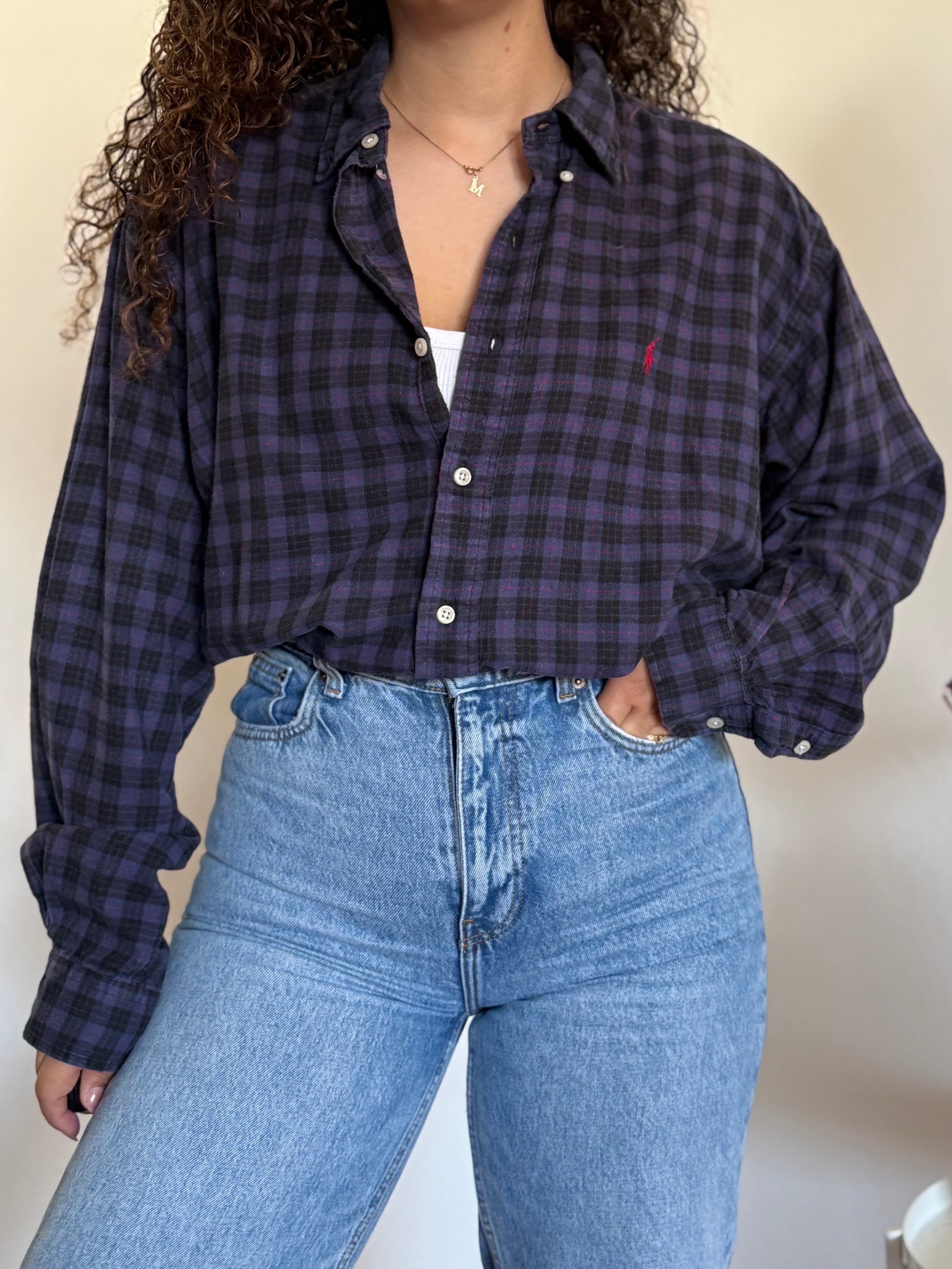 Camisa Polo Ralph Lauren "Blaire" em Algodão – Xadrez Azul e Preto