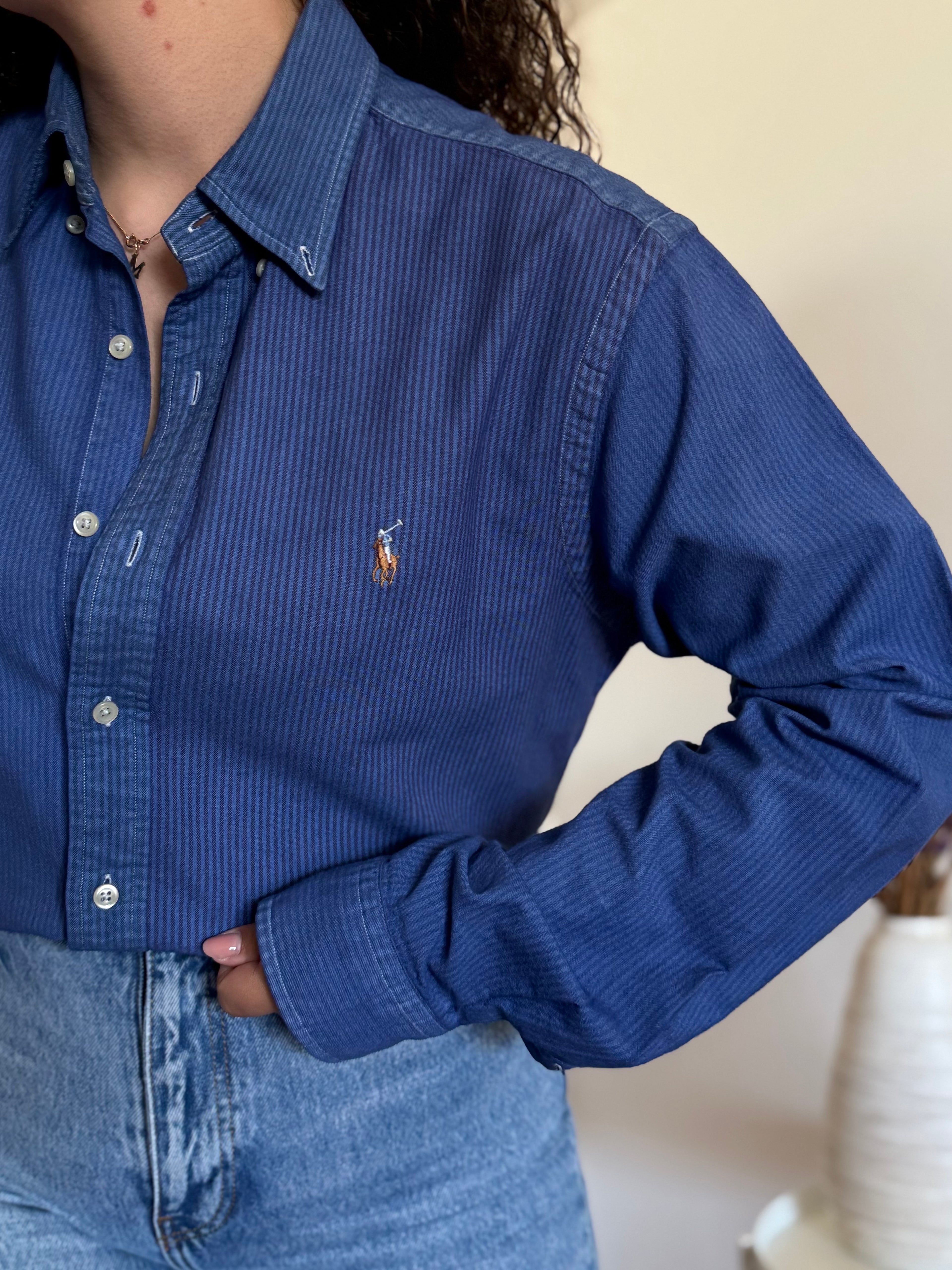 Camisa Polo Ralph Lauren Slim Fit Stretch Oxford – Azul às Riscas (L)