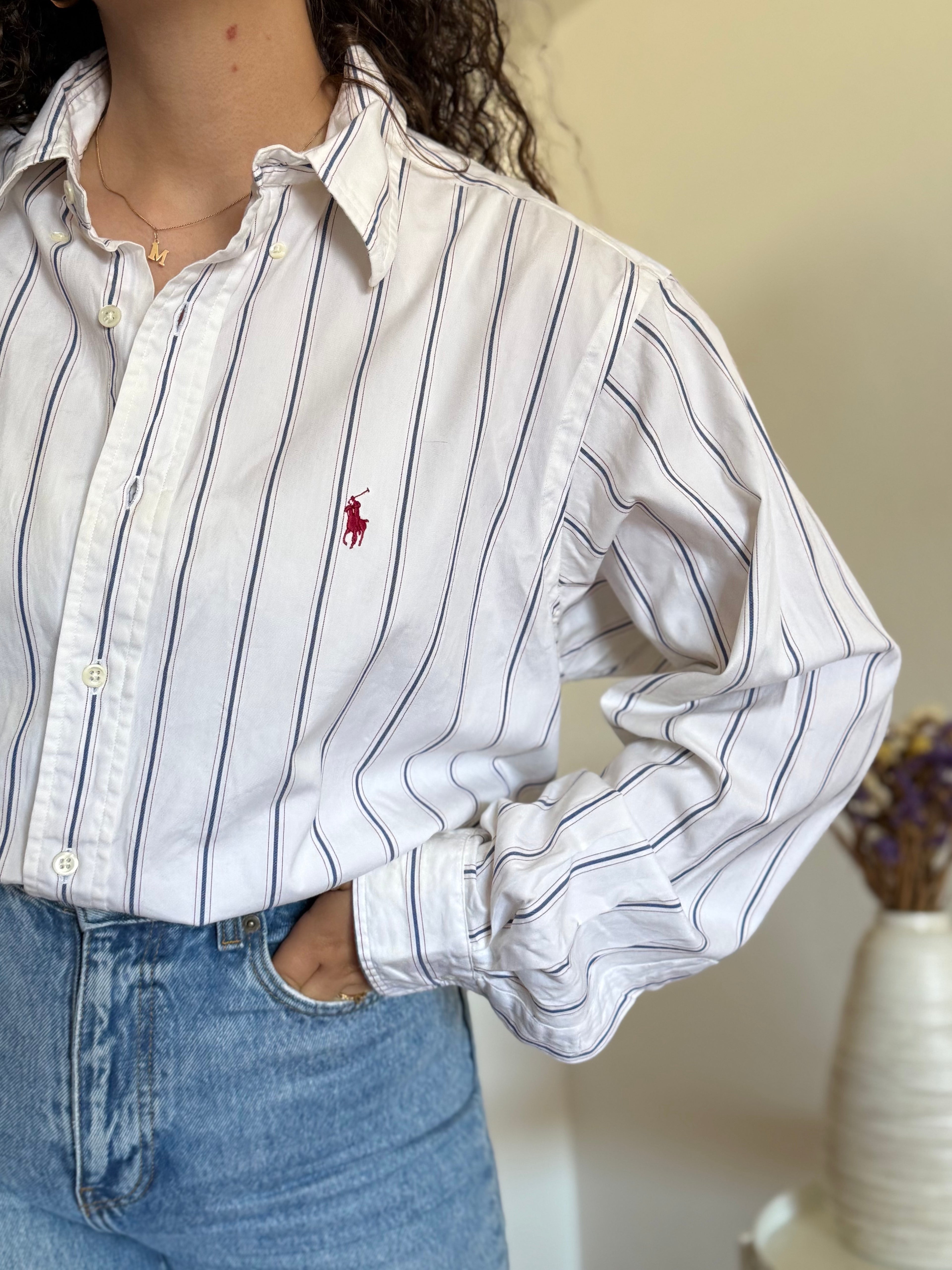 Camisa Polo Ralph Lauren Classic Fit – Branca com Riscas Bordô (Tam. 16 ½ / L)