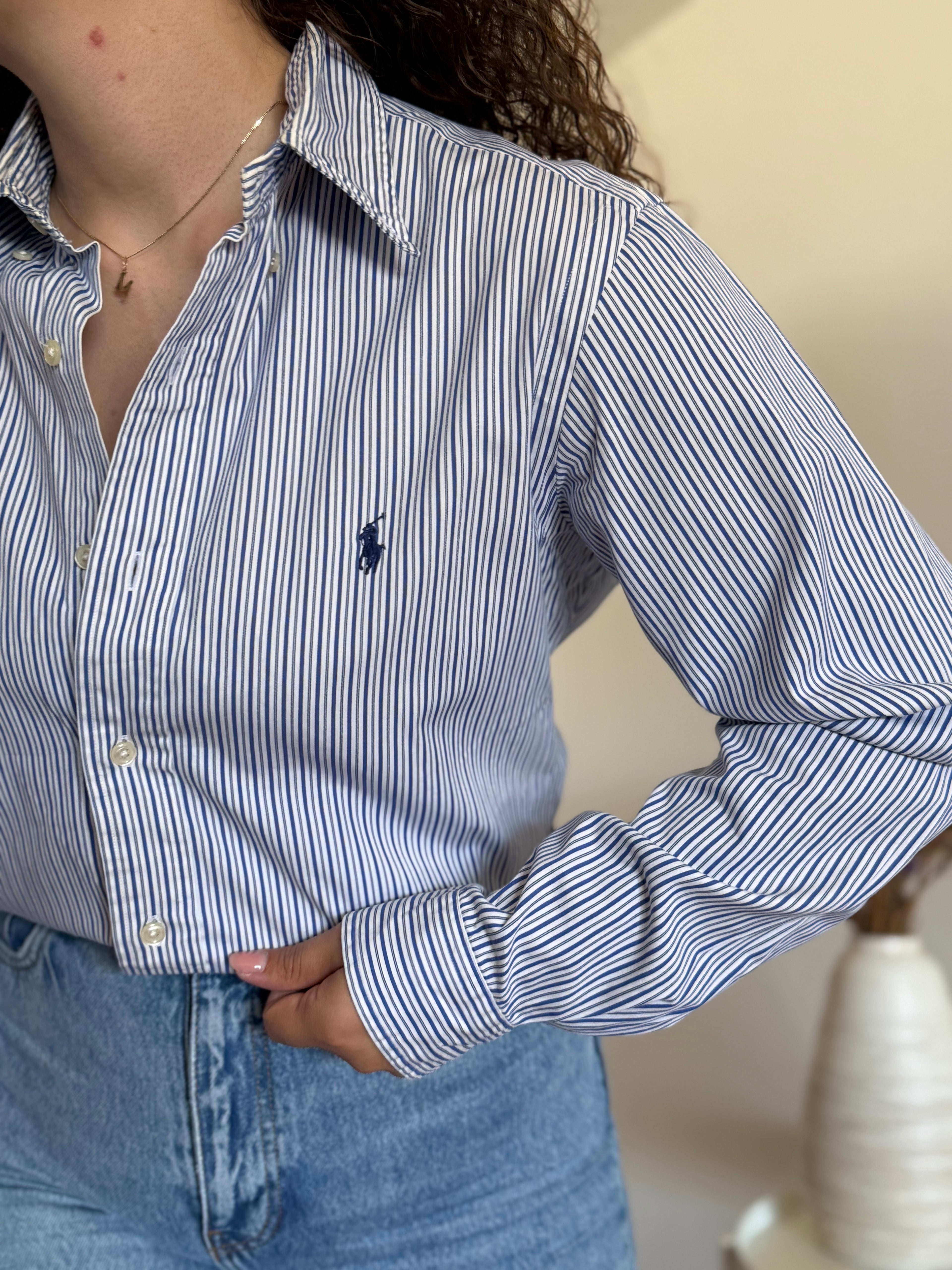 Camisa Polo Ralph Lauren Dress Shirt Custom Fit – Riscas Azuis (Tam. 39 / M)