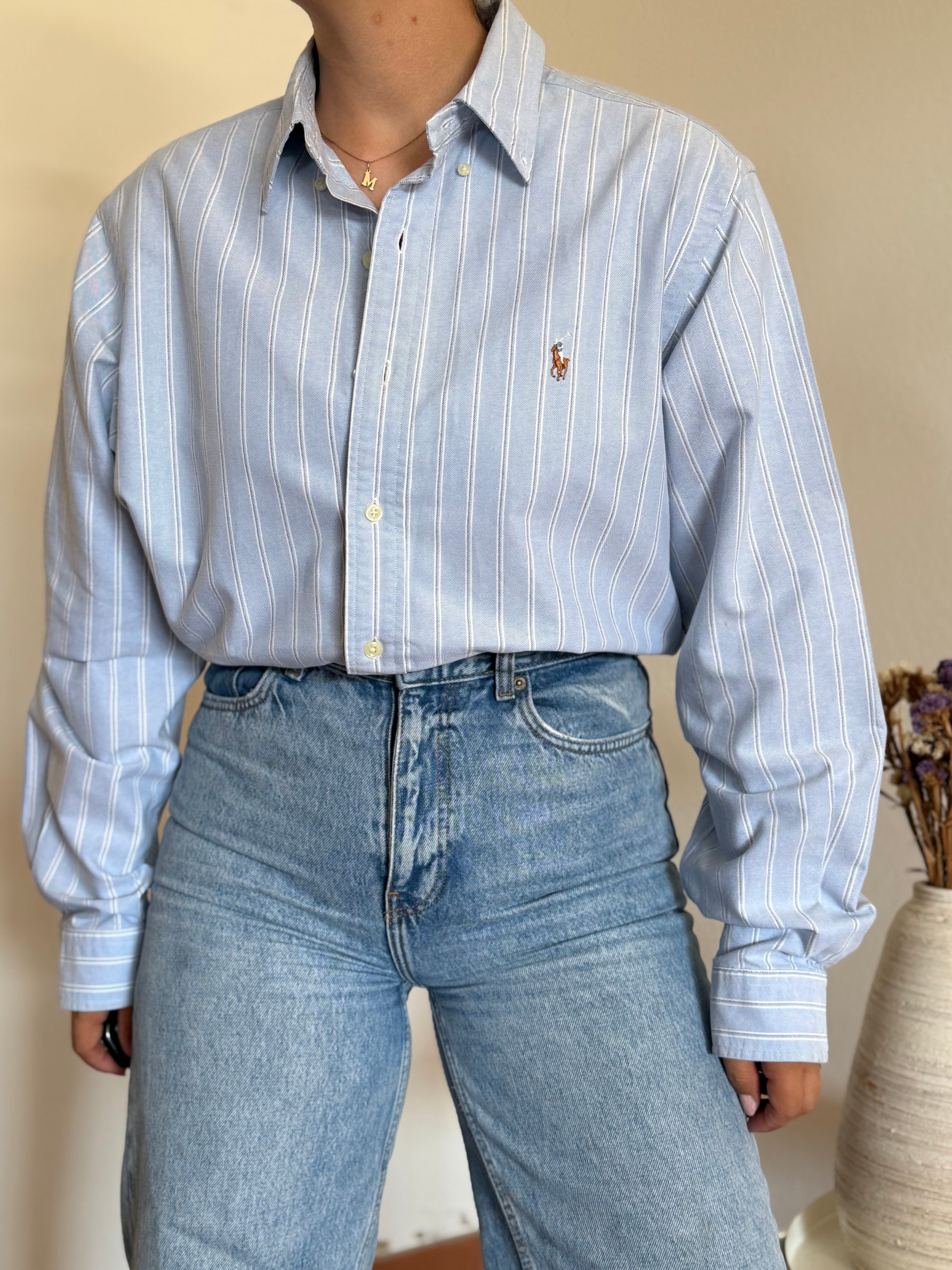 Camisa Ralph Lauren Classic Fit em Algodão – Riscas Azuis (Tam. 16 / L-XL)