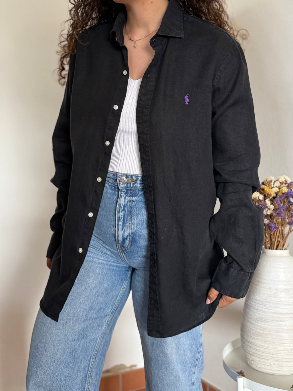 Camisa Polo Ralph Lauren em Linho – Preta (M)